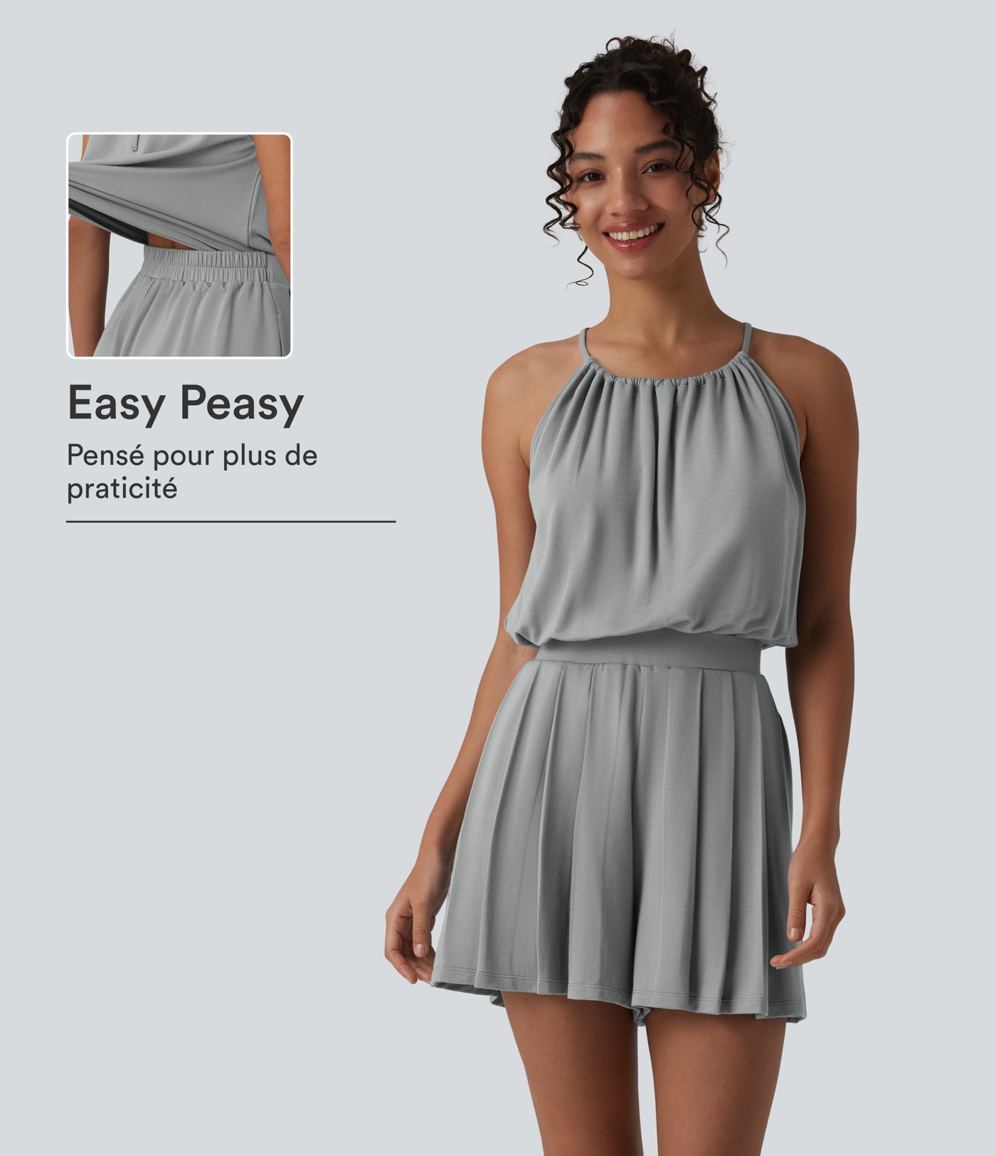 Combishort casual plissé col licou sans manches avec dos à nouer et poches – Easy Peasy