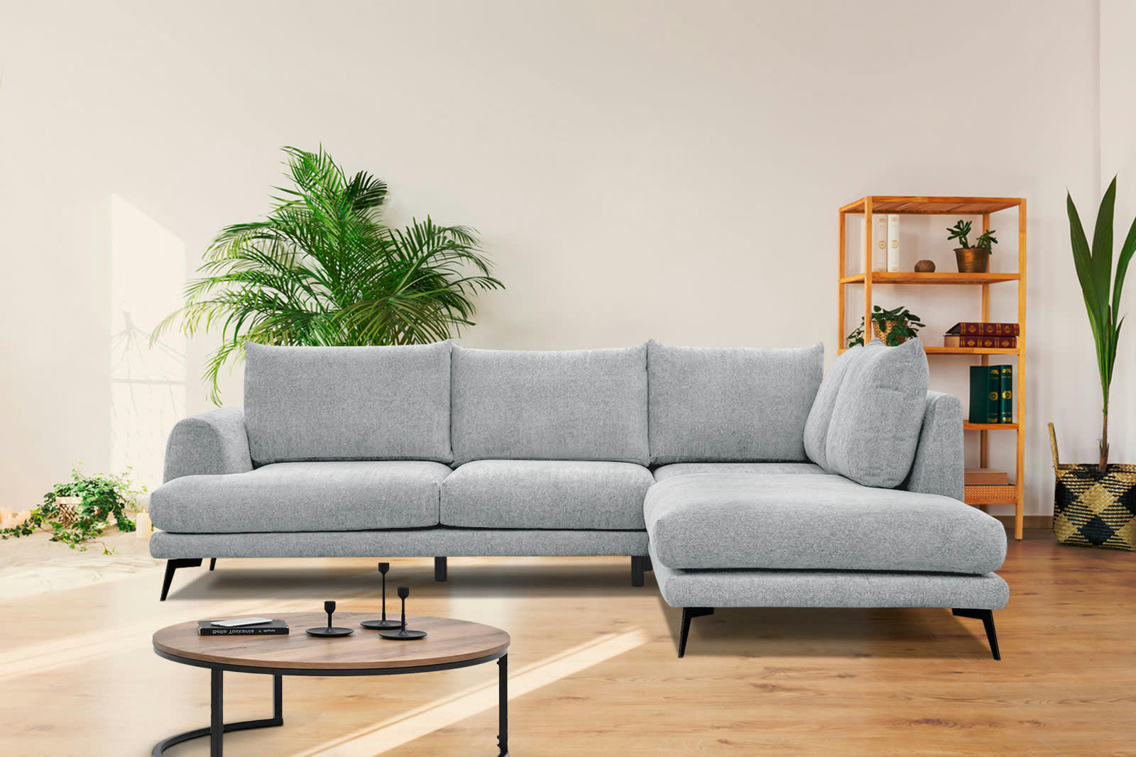 ADRIA - Canapé d'angle droit 5 places tissu gris clair