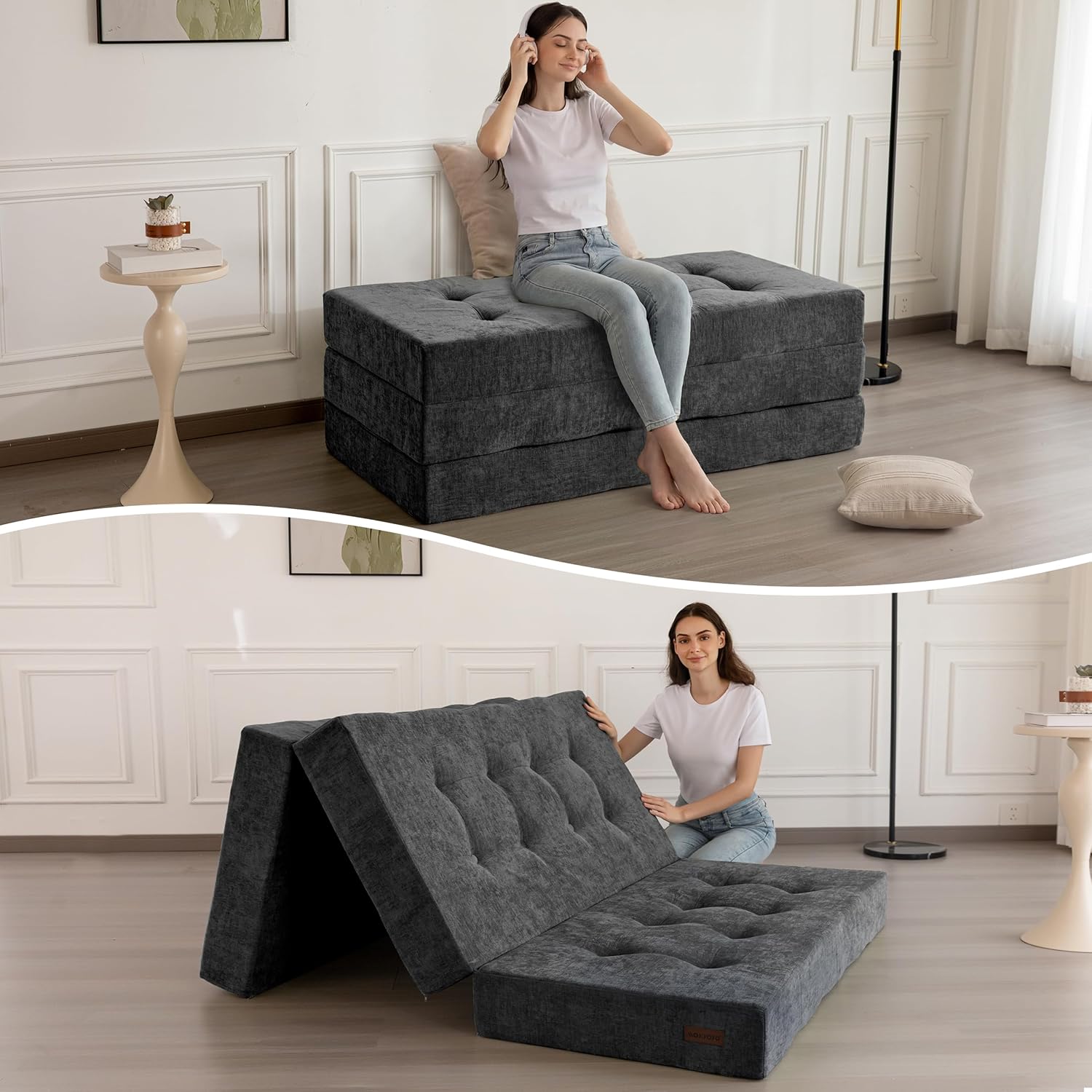 MAXYOYO 6 Folding Sofa Bed for Floor, Tufted Tri-Fold Floor Mattress with Chenille Fabric, Twin Size Portable Sofa Couch Guest Mat for Adults, Foldable Topper for Camping, Dark Grey, 35.4x75