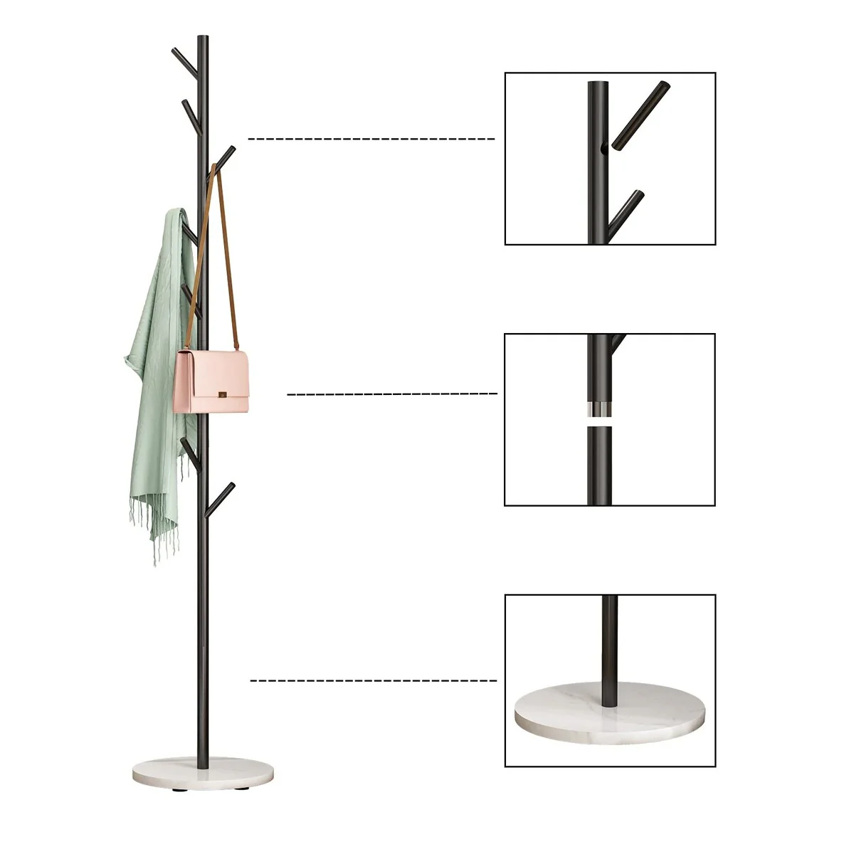 Black Metal Coat Rack, Freestanding with Hooks, Entryway Coat Rack Stand, Coat Racks with Marble Base, Coat Tree