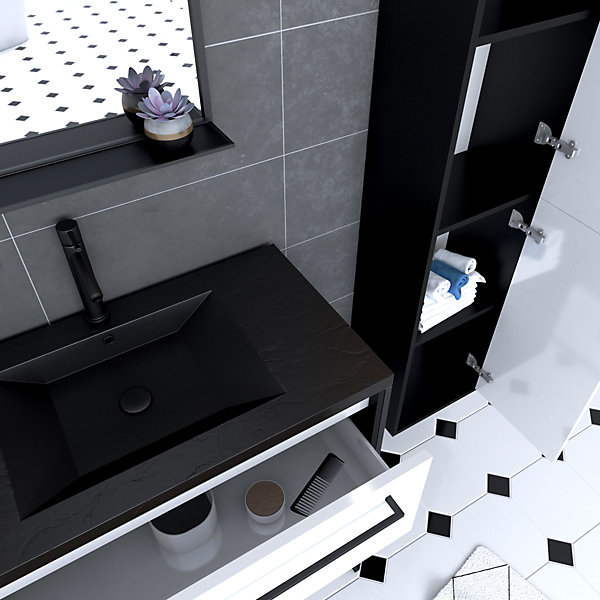 Pack meuble de salle de bain 80x50 cm - 2 tiroirs blanc - vasque noir - miroir - colonne suspendu