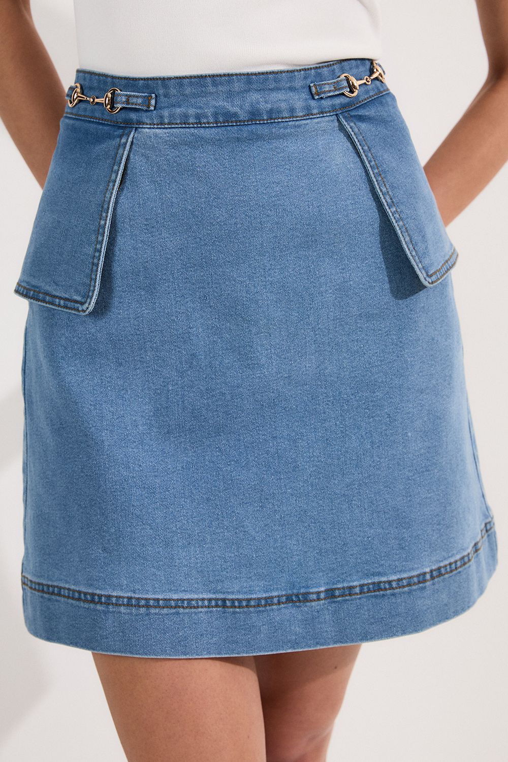KarenMillen Stretch Denim Snaffle Trim Mini Skirt