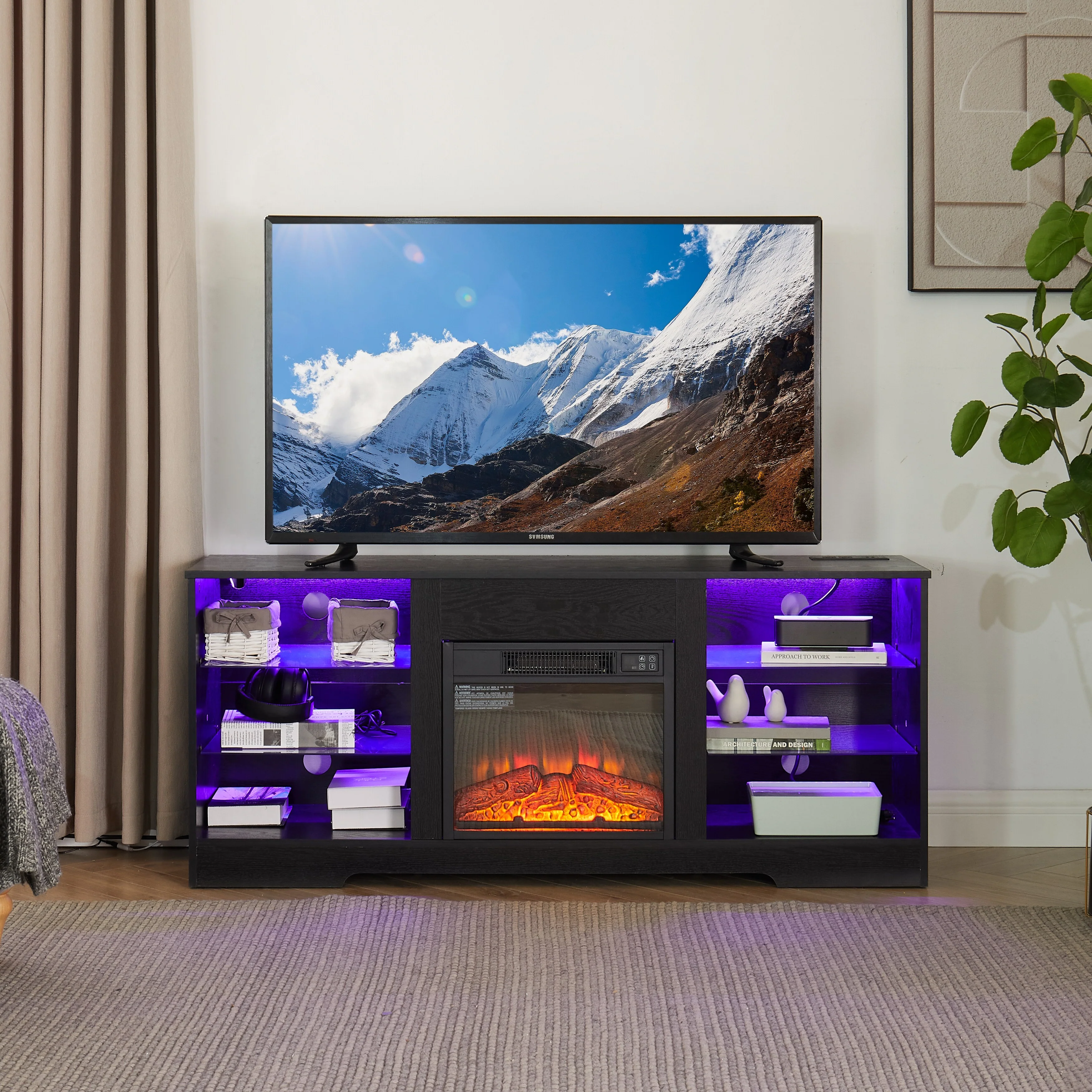 Roomfitters Modern Fireplace TV Stand with LED Light, Entertainment Center with Electric Fireplace