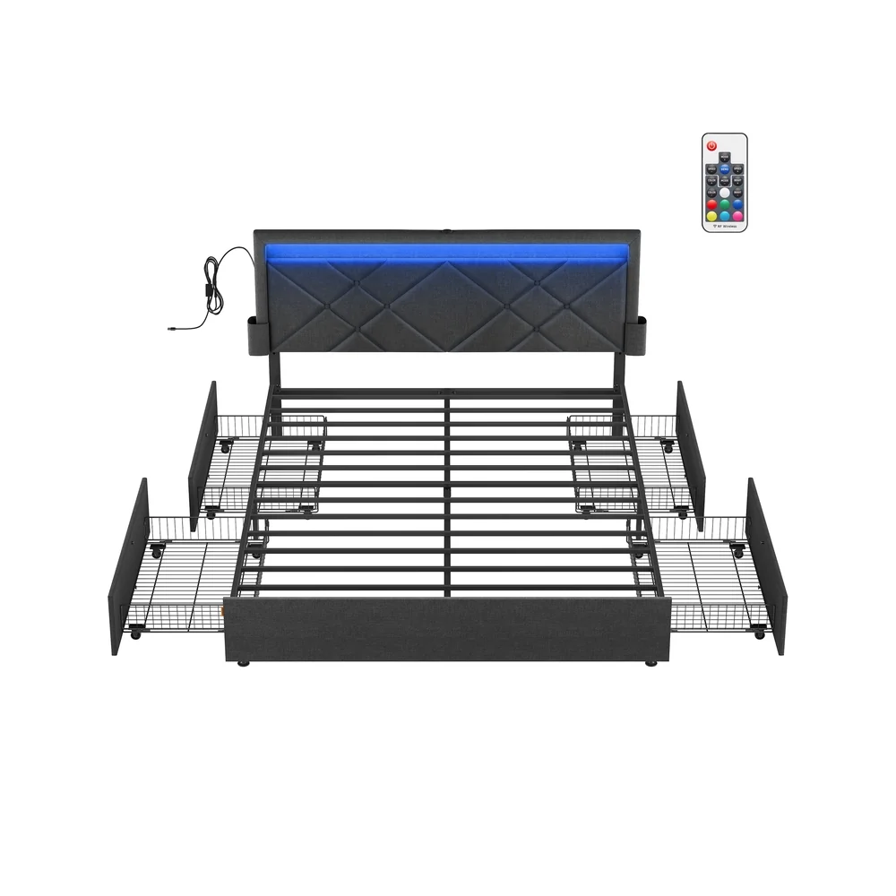 Lit double avec LED en métal et tiroirs pour chambre confortable