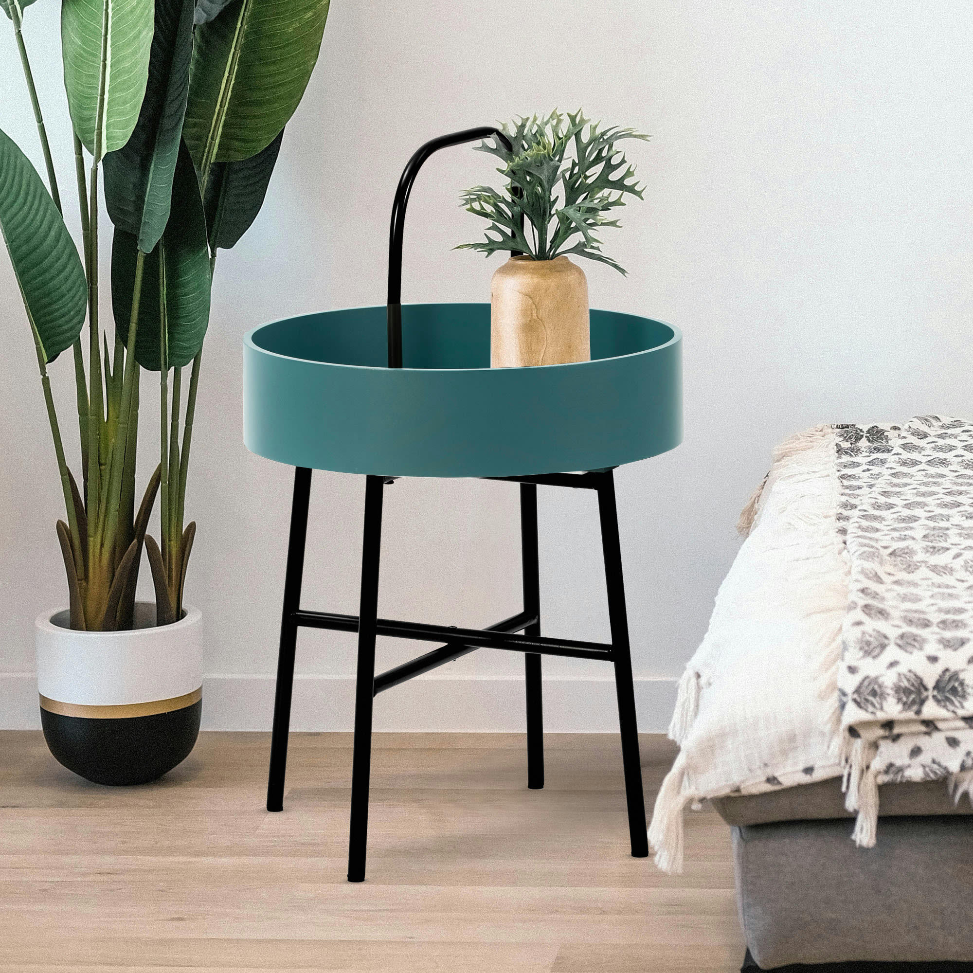 JAIPUR - Bout de canapé avec plateau en mdf bleu et structure métallique