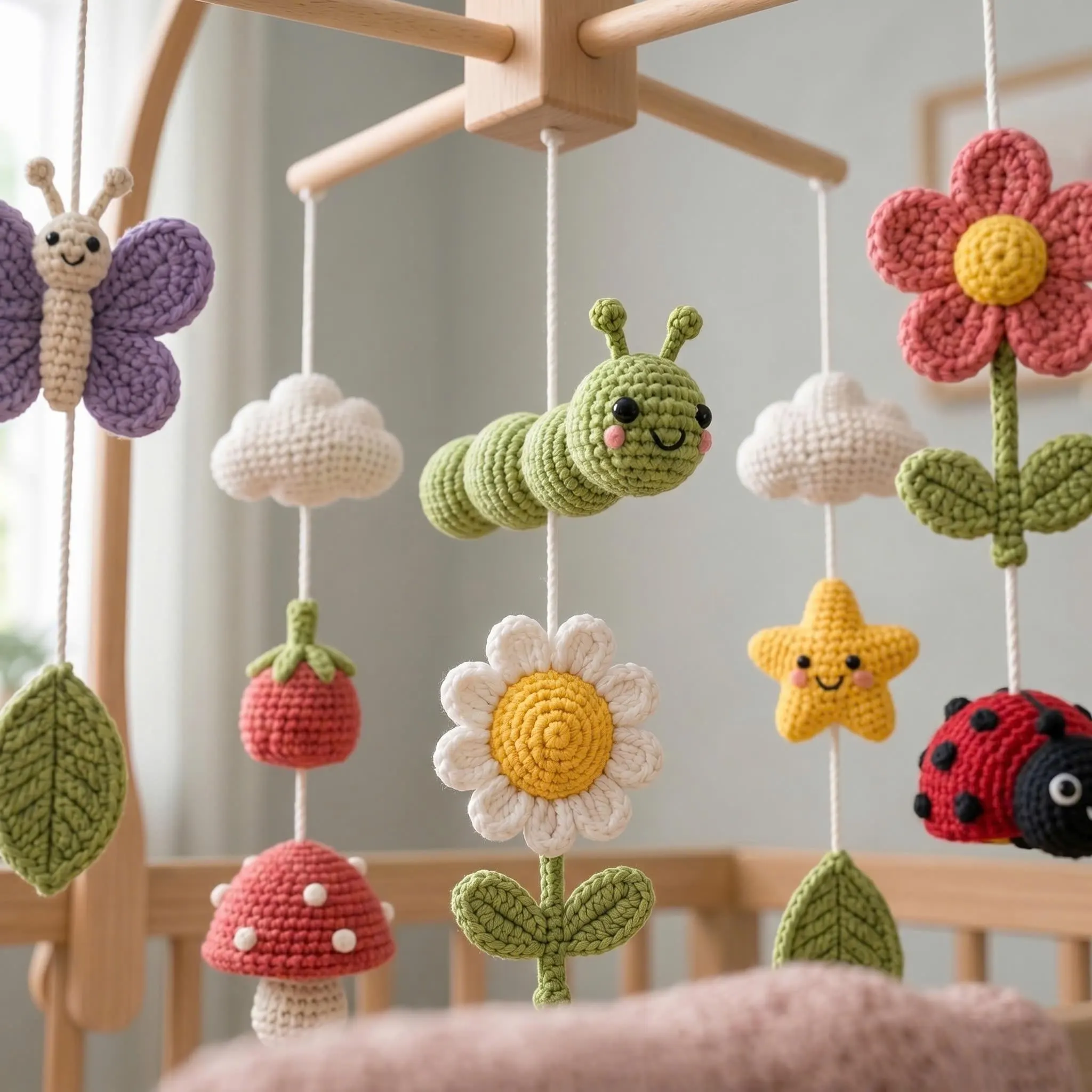 Crochet Baby Mobile, Garden Crib Mobile, Handmade Nursery Mobile with Butterfly Flower Ladybug, Baby Shower Gift, Floral Nursery Decor