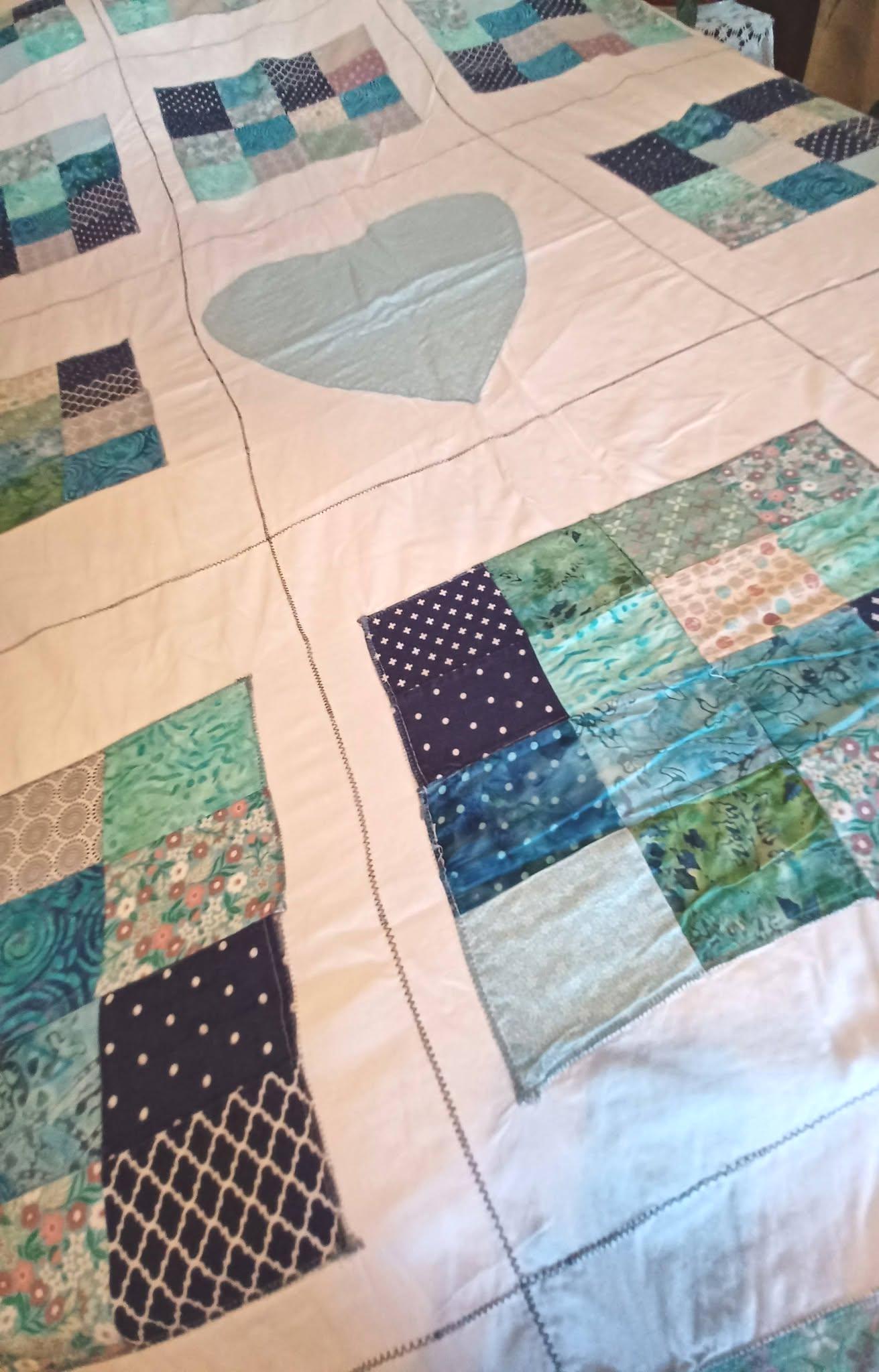 Vintage 1980's Patchwork Blanket Quilt Hand & Machine-Made w/ Blue Heart Heavy Piece