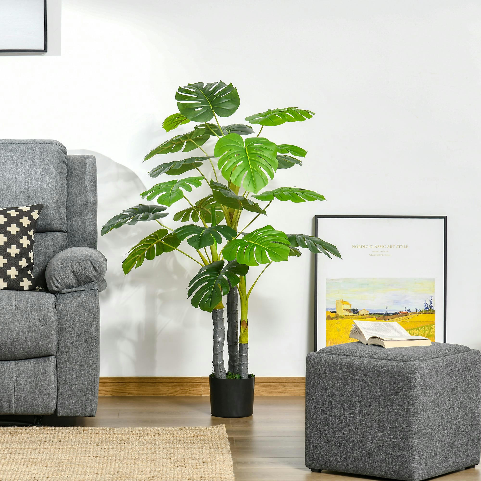 - Plante artificielle monstera H.1,2 m tronc branches lichen pot inclus