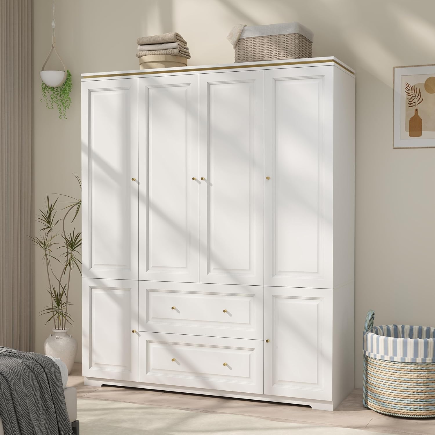 White Wardrobe with 2 Drawers: 74 Large Wardrobe Closet for Hanging Clothes, Tall Armoire Closet with 4 Doors, Bedroom Armoires with Hanging Rod (59)