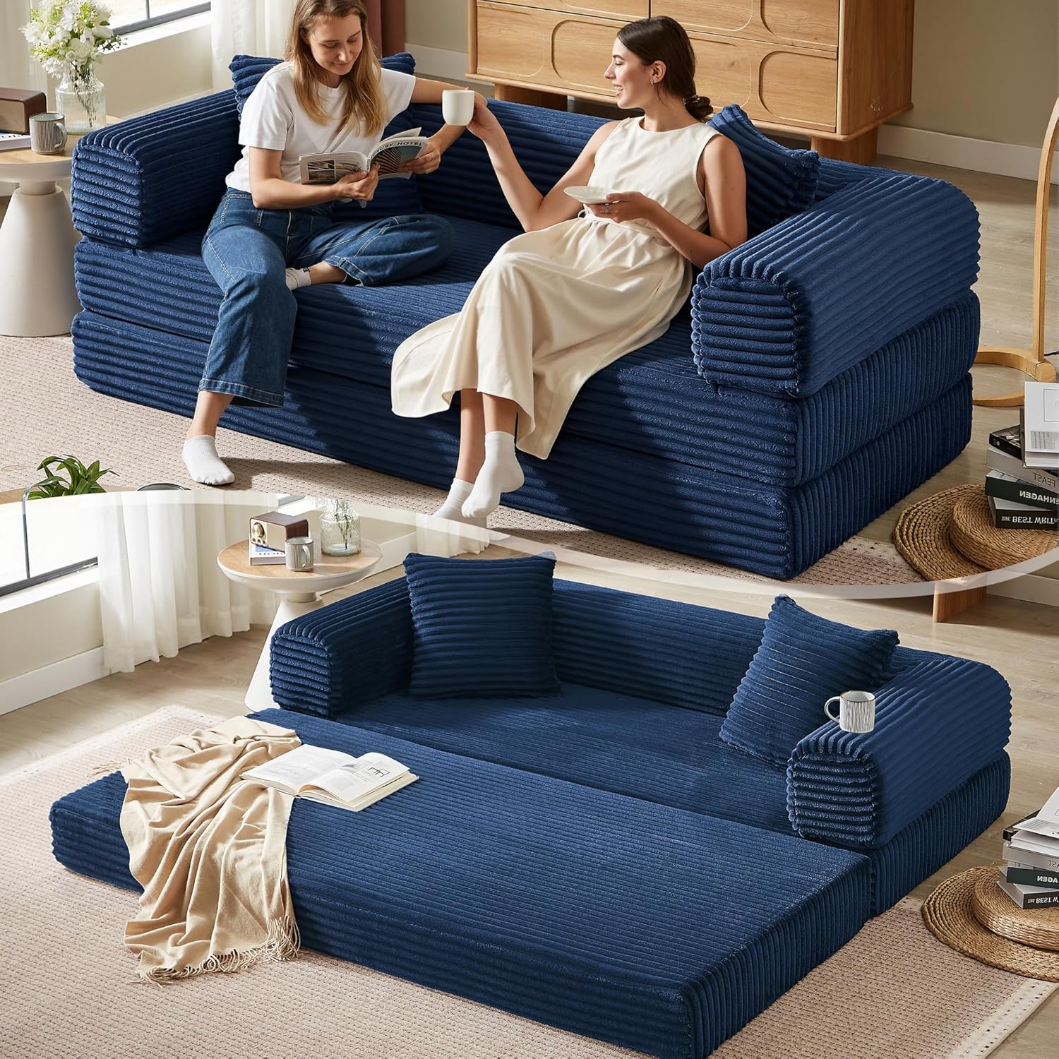 Boneless Couch Versatile Couches for Living Room No-Install Sofa Bed Corduroy Futon Soft Cloud Couch with Pillows for Bedroom Game Movie (Dark Blue, 76)