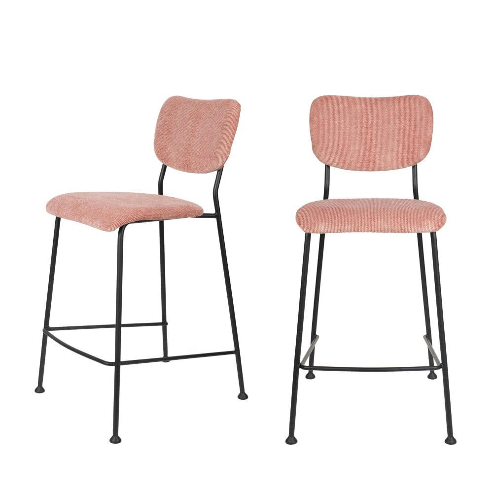 BENSON - Lot de 2 tabourets de bar en velours côtelé 65cm rose