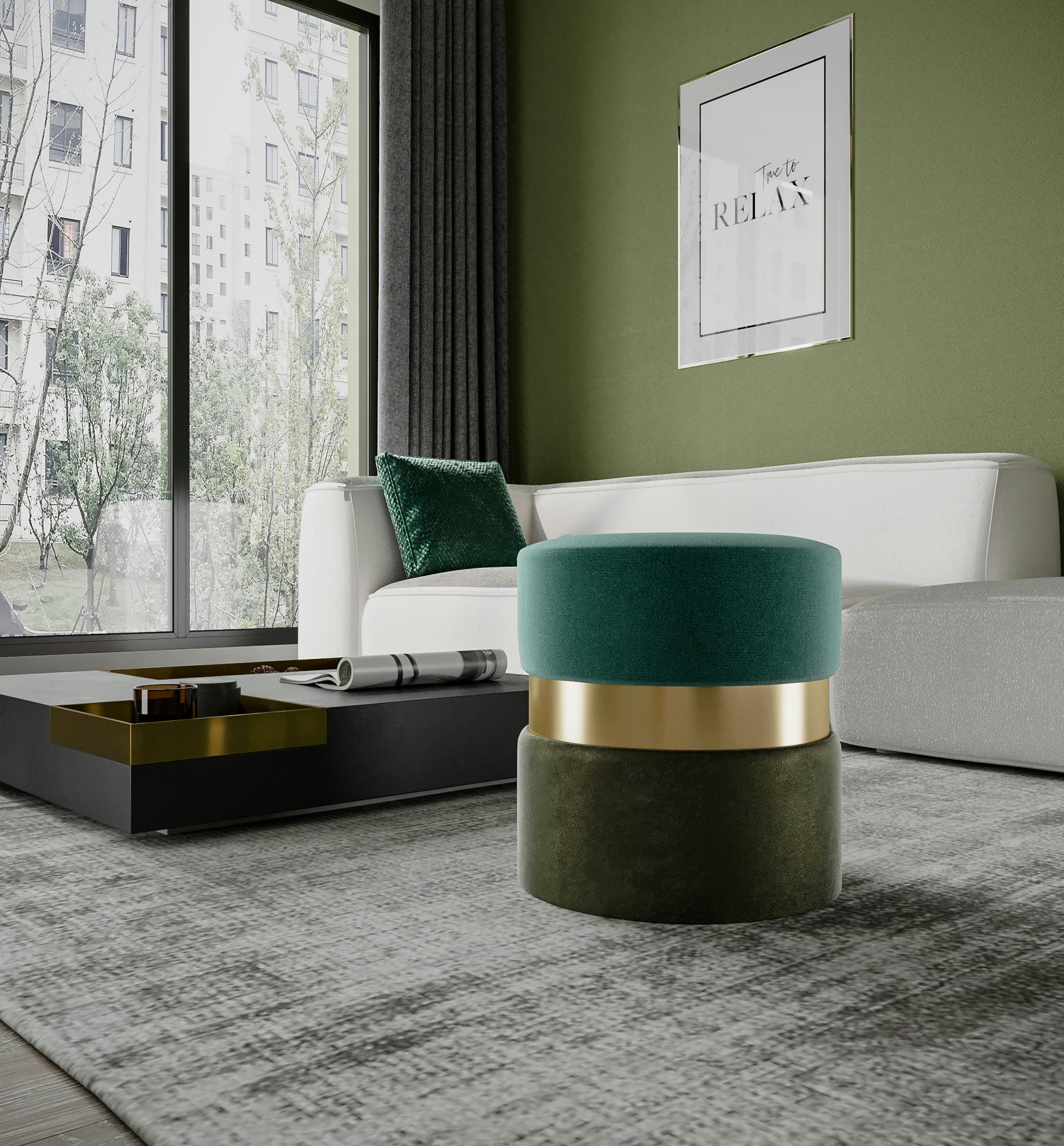 CASSIOPEE - Pouf contemporain, bicolore vert et métal doré