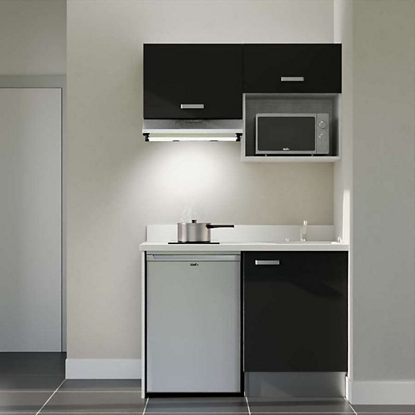 Kitchenette K02 - 120 cm - façades Noir - Plan monobloc en quartz coloris Snova évier à droite