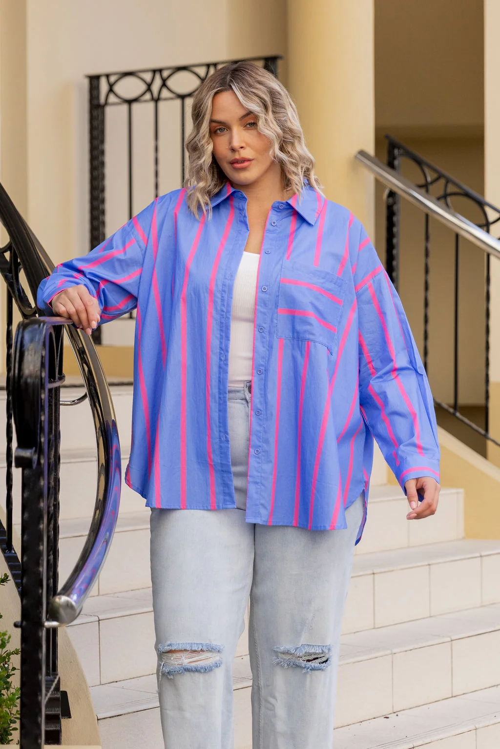Lula Oversized Shirt in Disco Stripes Blue
