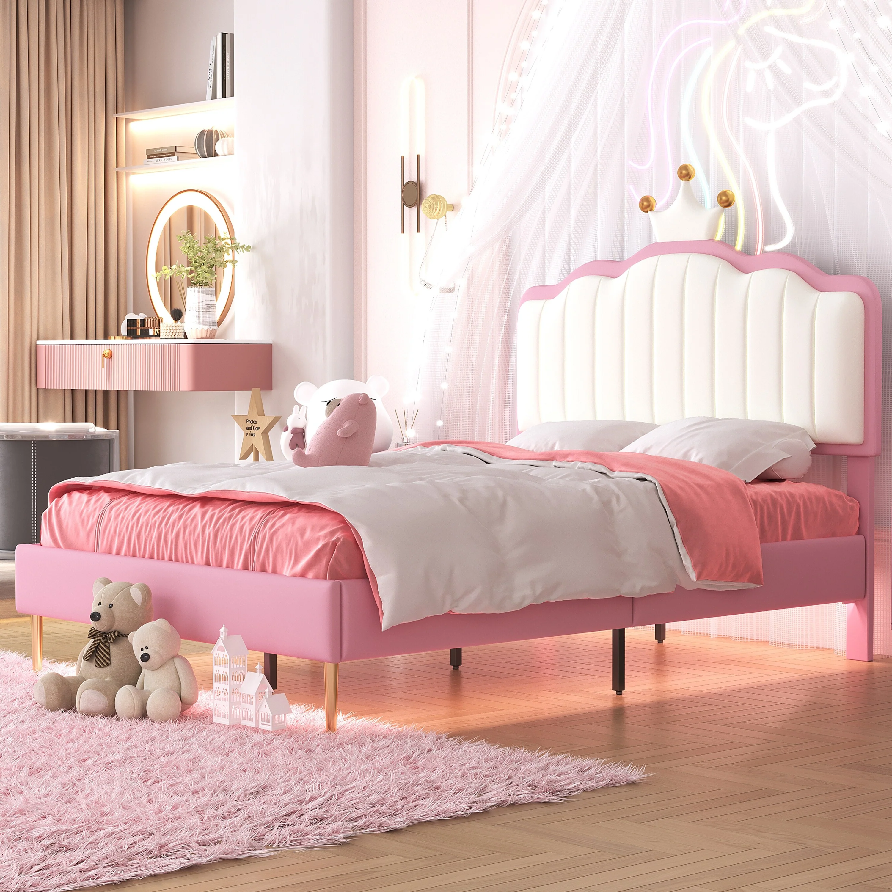 Twin Platform Bed with Crown-Shaped Headboard and Soft Light Strip, PU Upholstered Frame with Metal Legs