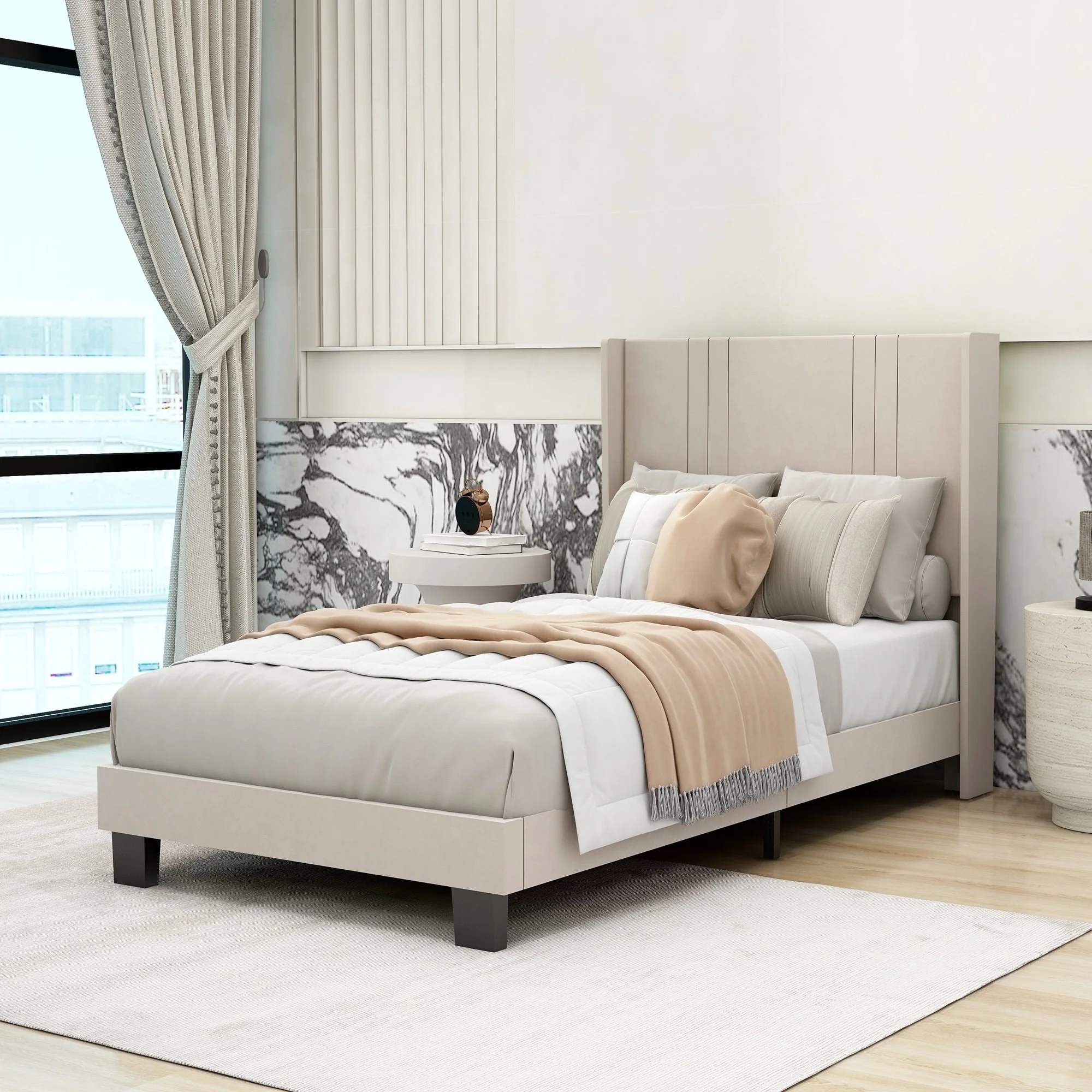 NNV Upholstered Bed Frame with Headboard, Wooden Slats Support, Easy Assembly