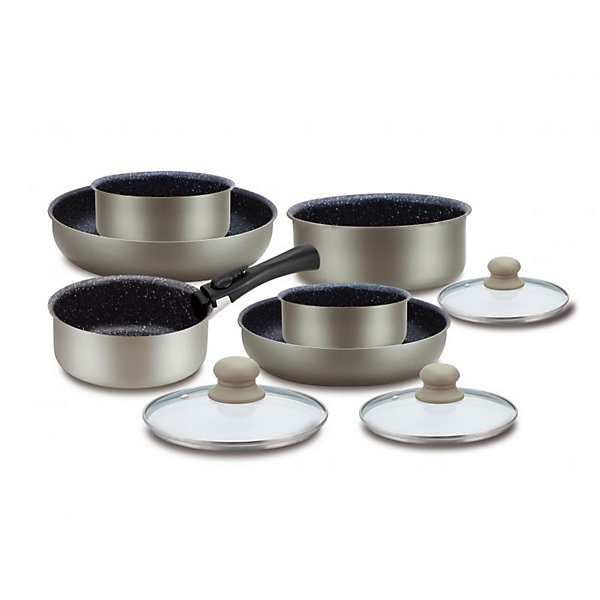 Batterie de cuisine revetement pierre avec manche amovible 10 pieces carbon Herzberg HG5000-CAR