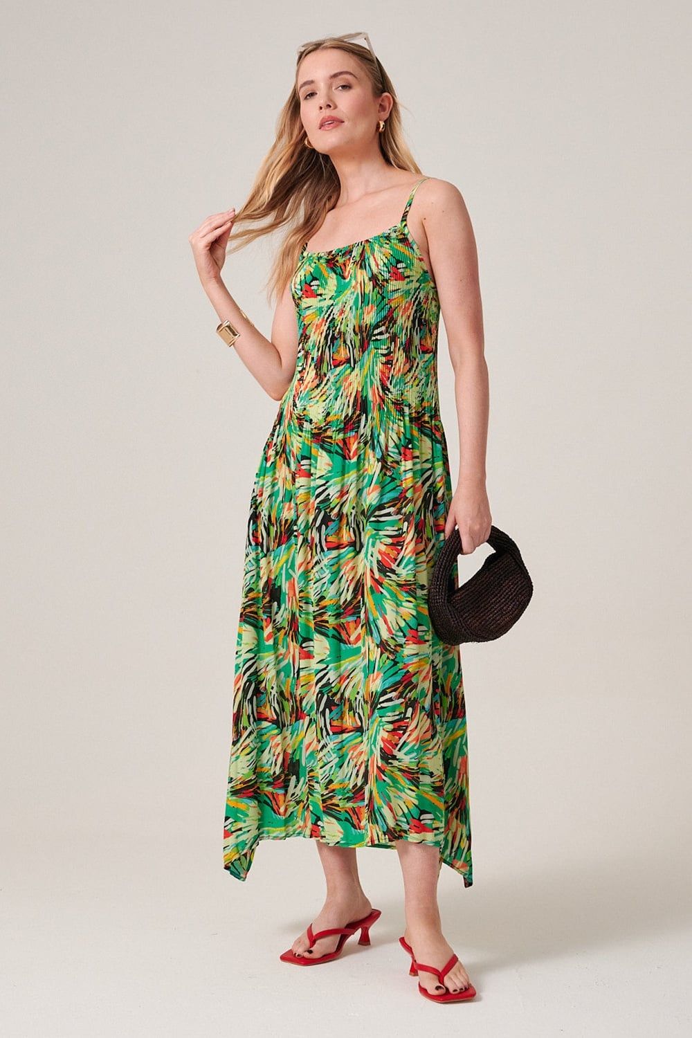 Klass. Printed Strappy Pleated Midaxi Dress