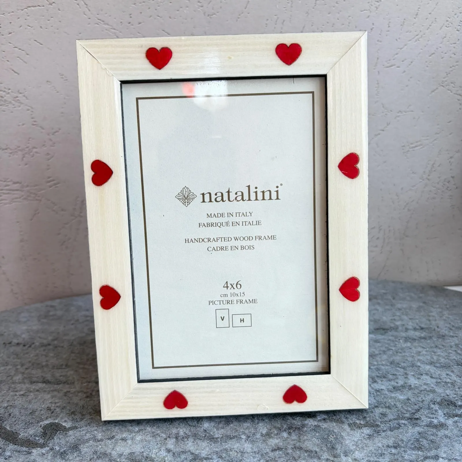 Natalini Italy Handcrafted Wood 4x6 Picture Frame Cream Red Inlaid Hearts