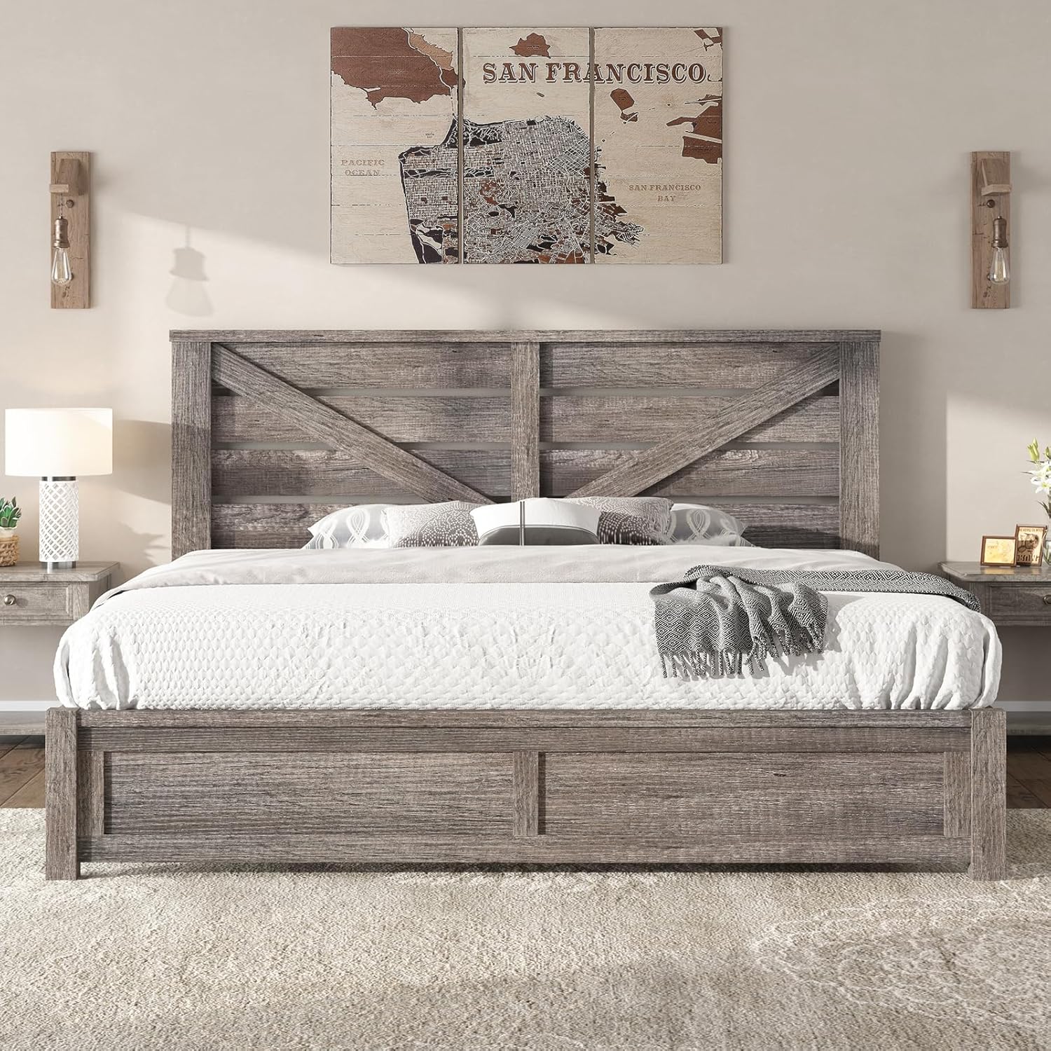 AMERLIFE King Size Farmhouse Bed Frame with 49.2 Barn Door Headboard, Platform Bed Frame with Wood Slats, Under Bed Storage Space, Easy Assembly, Noisy Free, Rustic Gray