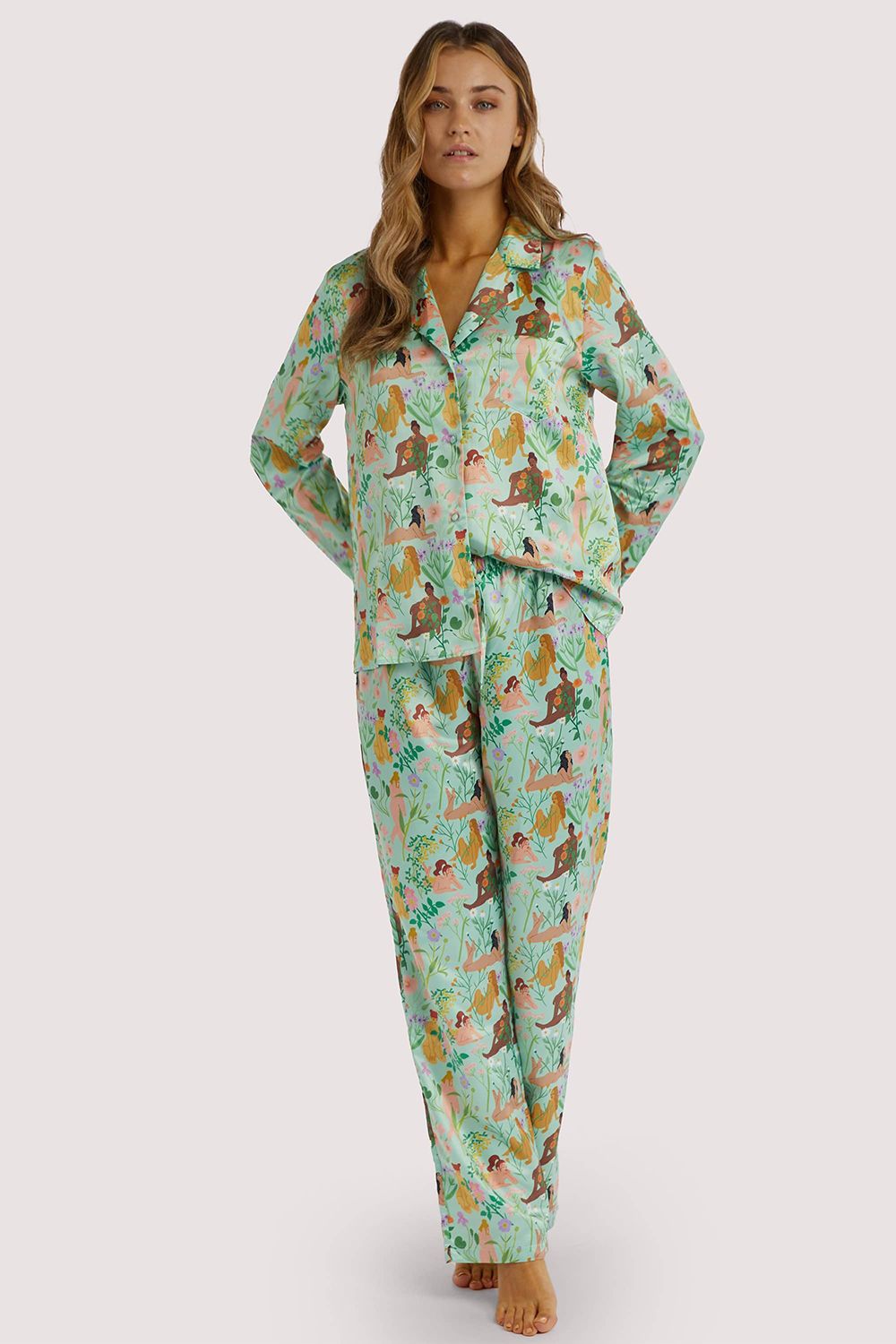 Playful Promises Bodil Jane Nudes And Flowers Drop Hem Satin Long Sleeve 'Pj Top'