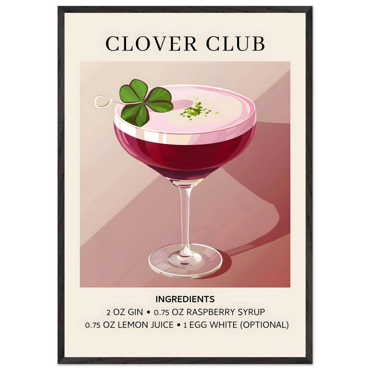 Artfulprints Poster met Lijst Clover Club cocktail - Ingrediënten  - 70x100 cm - Roze