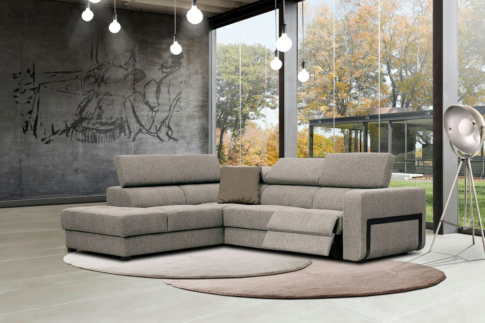 BERGO - Canapé d'angle gauche 5 places avec une relax électrique tissu taupe