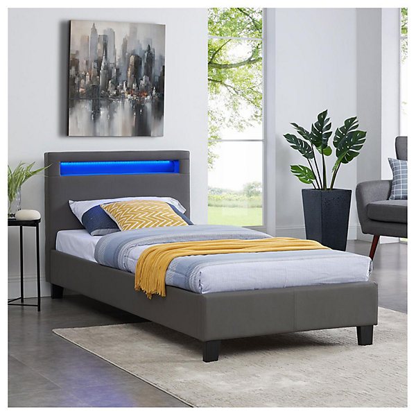 Lit LED simple LUCENO 90x190 cm, avec sommier, revêtement synthétique gris
