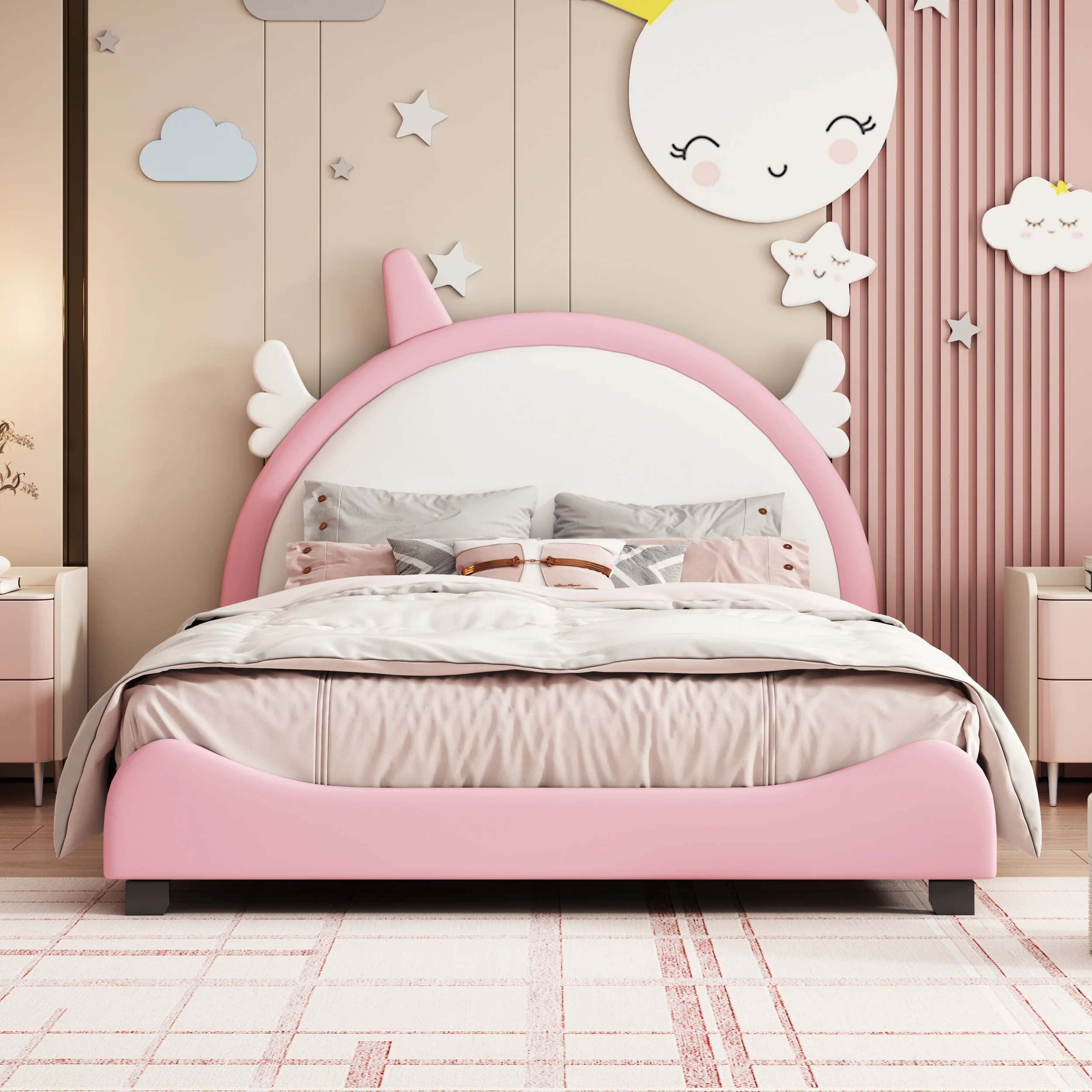 Full Size Pink Upholstered Bed with Unicorn Shape Headboard