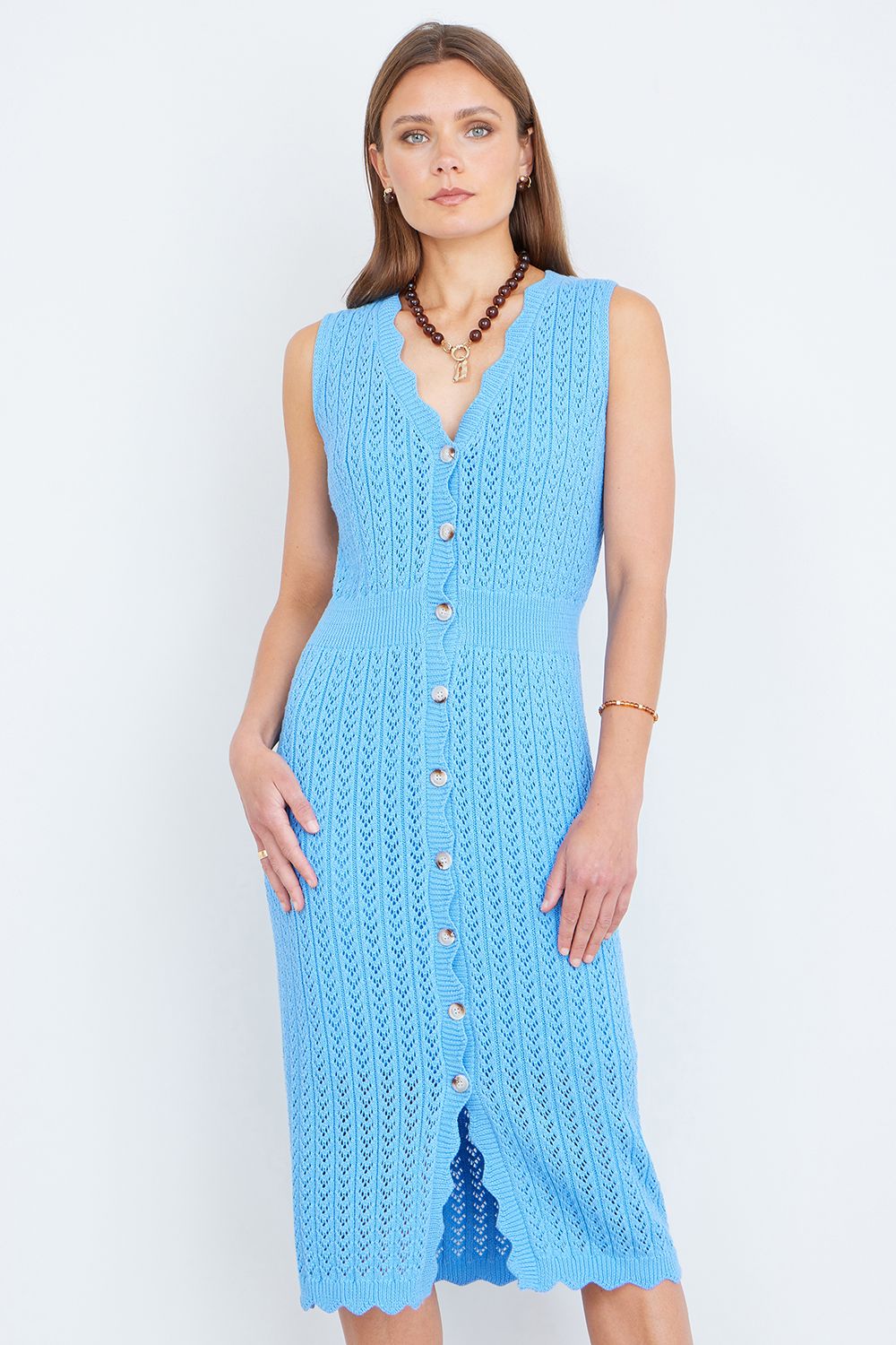 Yumi Blue Scallop Edge Crochet Knitted Midi Dress