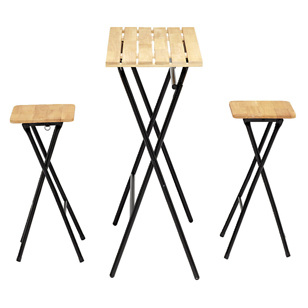 Table haute avec tabourets x2 Balcony pliables bois et métal 80x40xH98cm