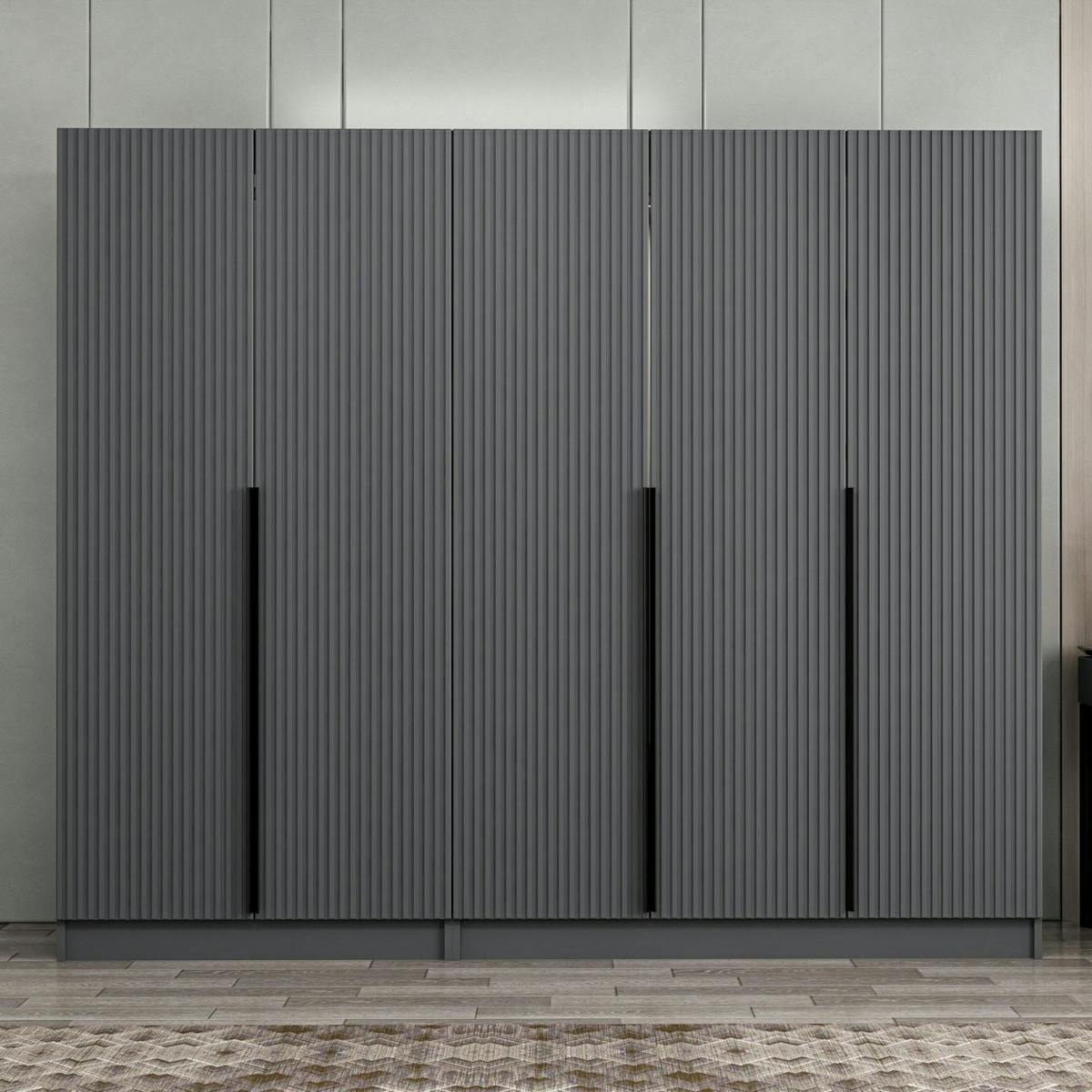 Armoire penderie grise 5 portes rainurées 3 portants BYRON