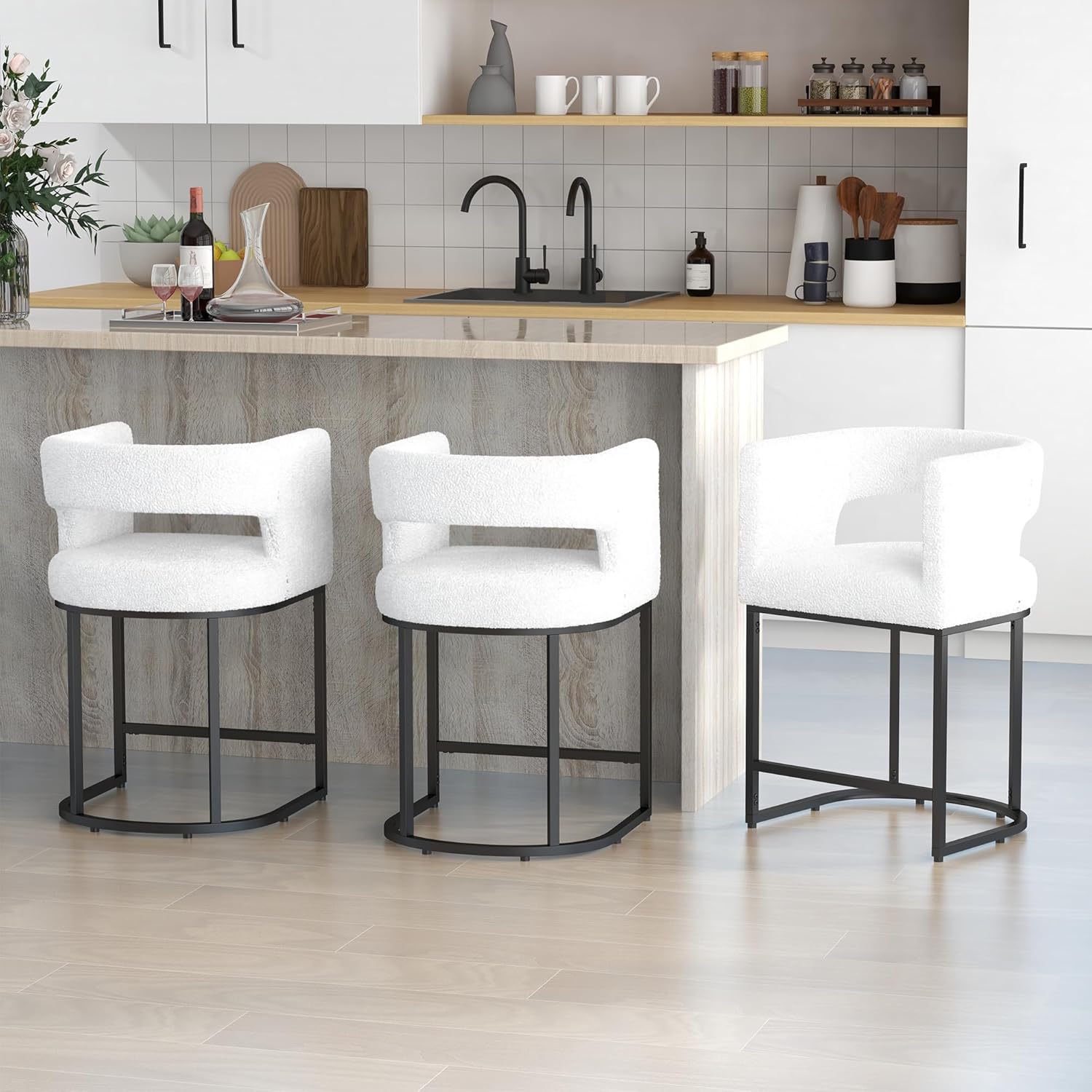 Westice Bar Stools Set of 3, 26” Seat Height Counter Height Stools with Curved Backrest, Barrel Sherpa Fabric Bar Chairs with Metal Frames, Upholstered Chairs for Kitchen Island, Pub, Club, Beige