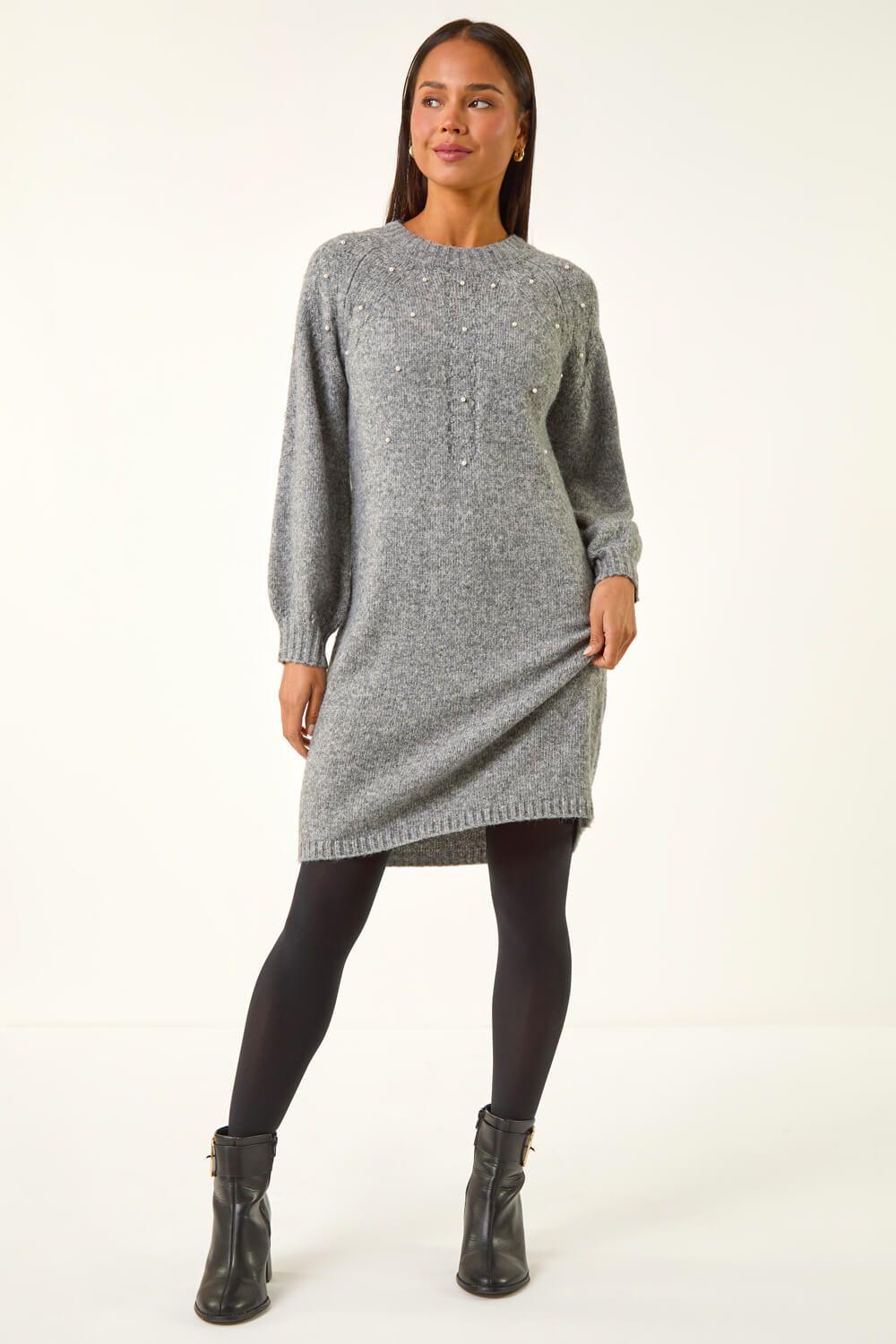 Roman Petite Embellished Faux Pearl Knit Dress