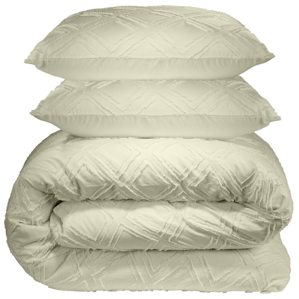 Parure de lit 2 personnes 260x240cm Queen Size uni tufté (2 modèles beige ou blanc)