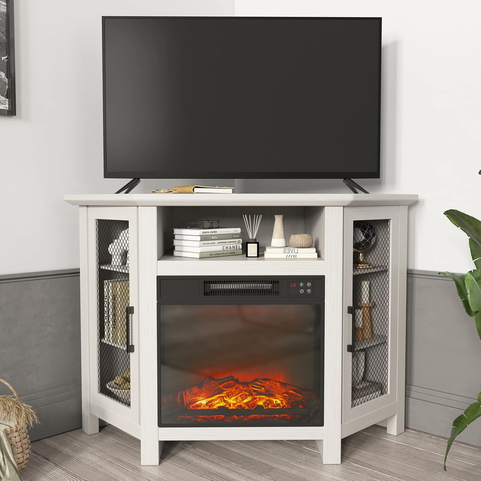 45 Wood Hexagon Fireplace TV Stand with 18 Electric Fireplace