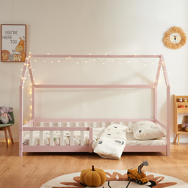 Lit cabane Hesel pour enfants bois de pin 90 x 200 cm rose en.casa