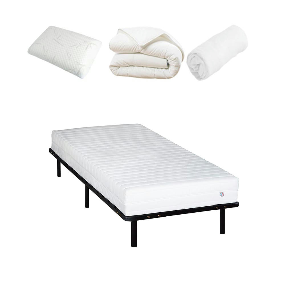 EGIO - Ensemble  90x200  Matelas Latex + Sommier Métal + Accessoires