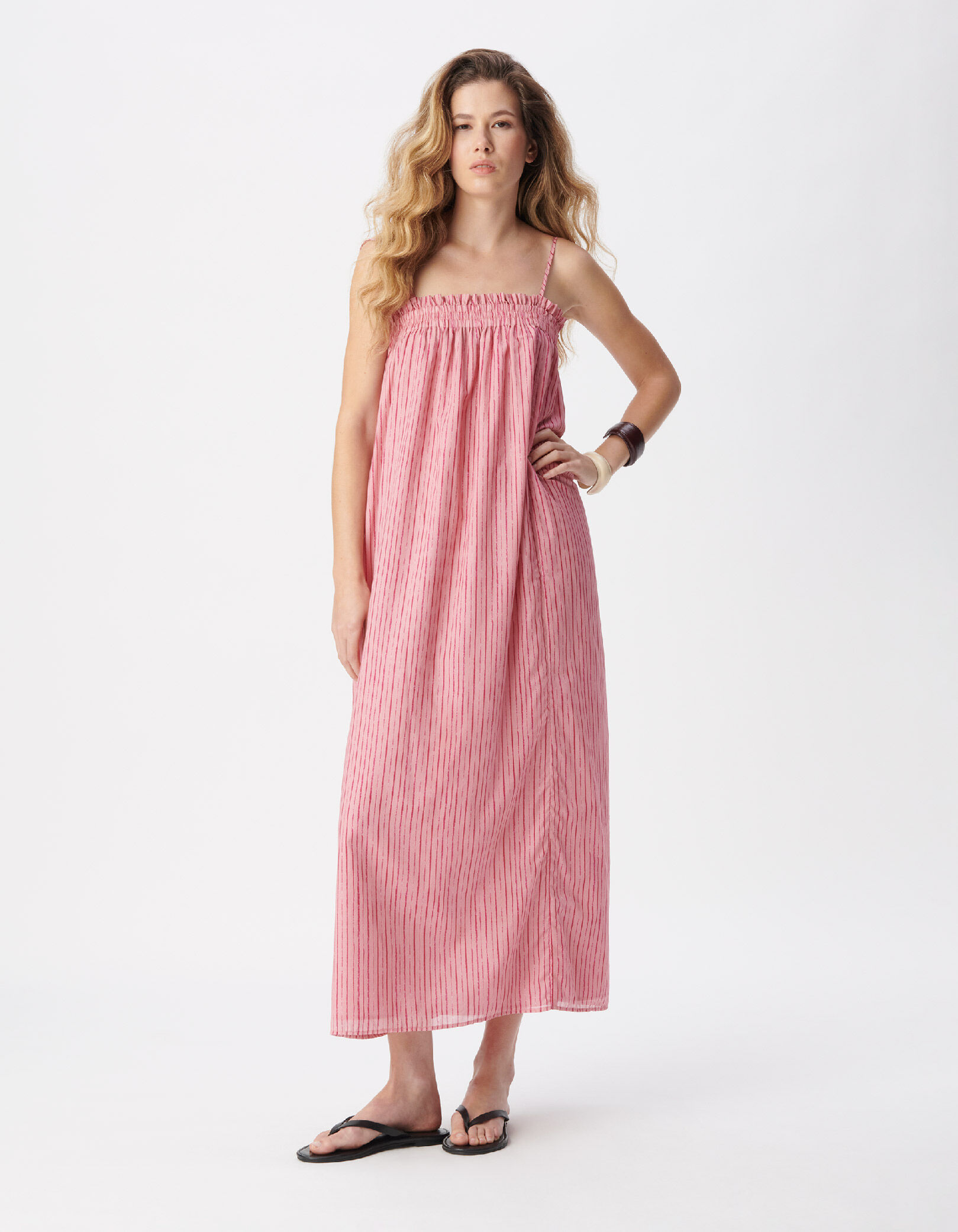 Robe bustier fines bretelles rose motif rayures Femme