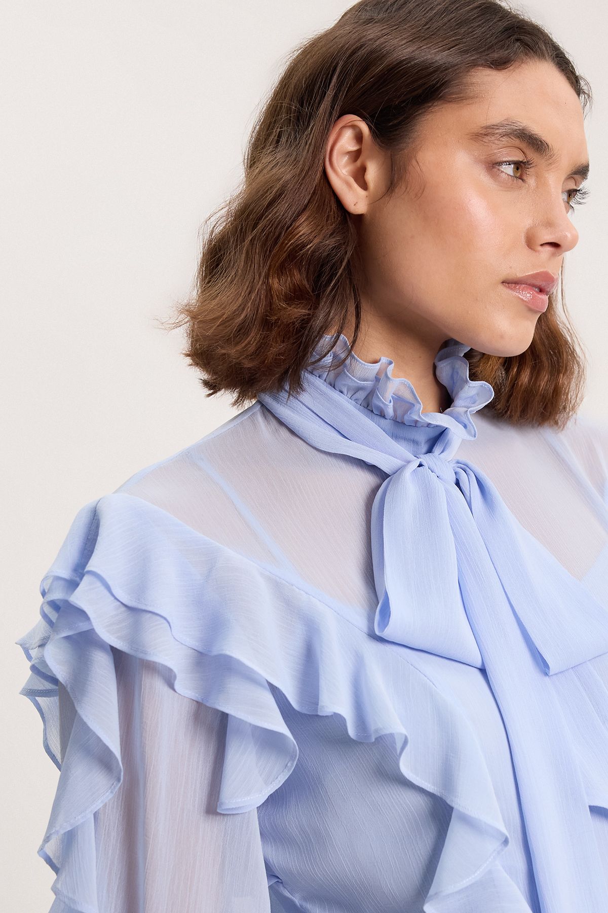 KarenMillen Ruffle Front Crinkle Georgette Pussy Bow Blouse