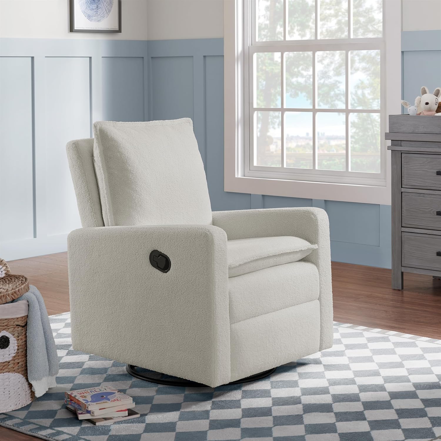 Oxford Baby Uptown Upholstered Glider Recliner Rocking Chair 360° Swivel for Nursery and Living Room – Boucle White