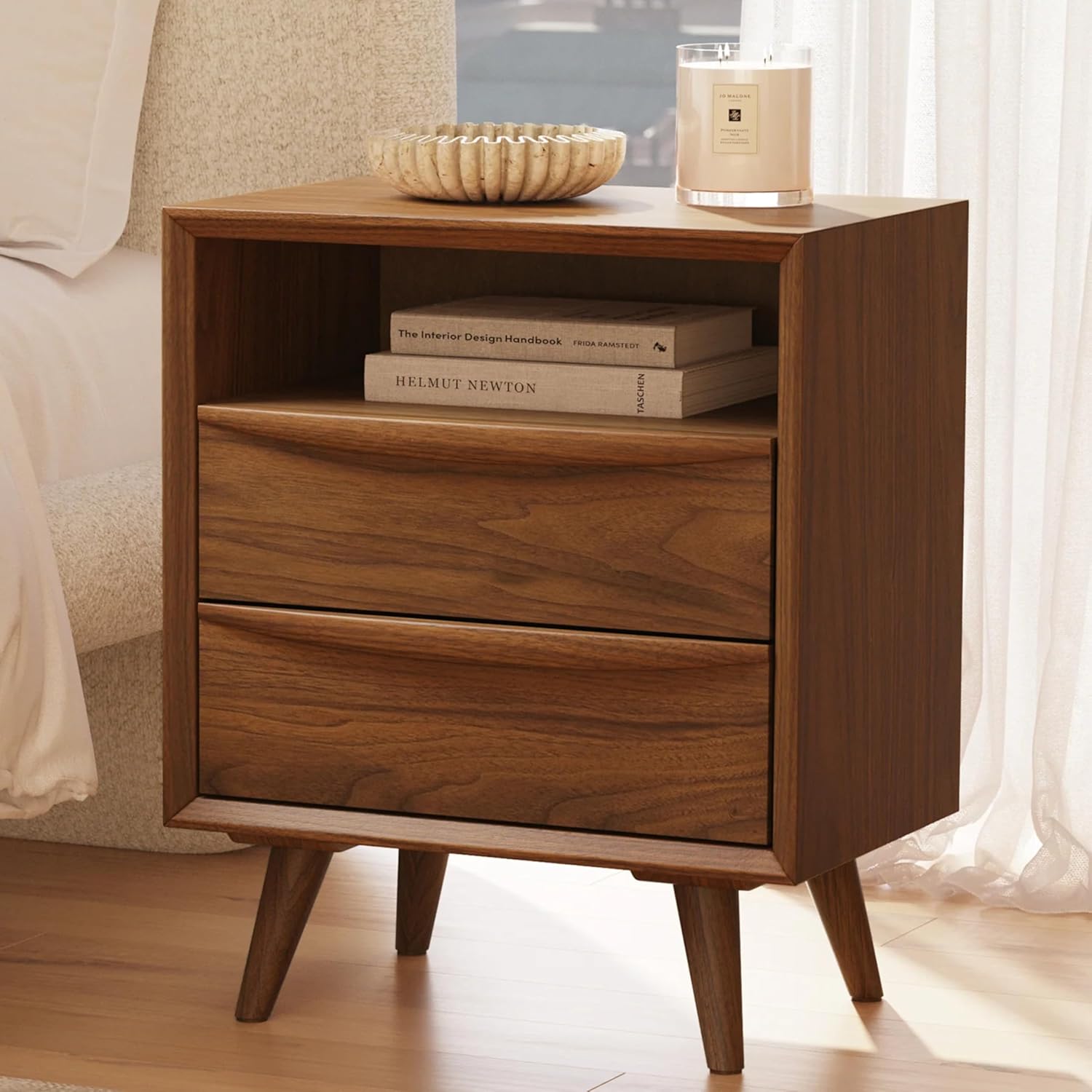 Poly & BARK Cura 22” Nightstand – Solid and Veneered American Black Walnut Bedside Table with Soft‑Close Drawers, Cord Management Cut‑Out and Splayed Solid Walnut Legs