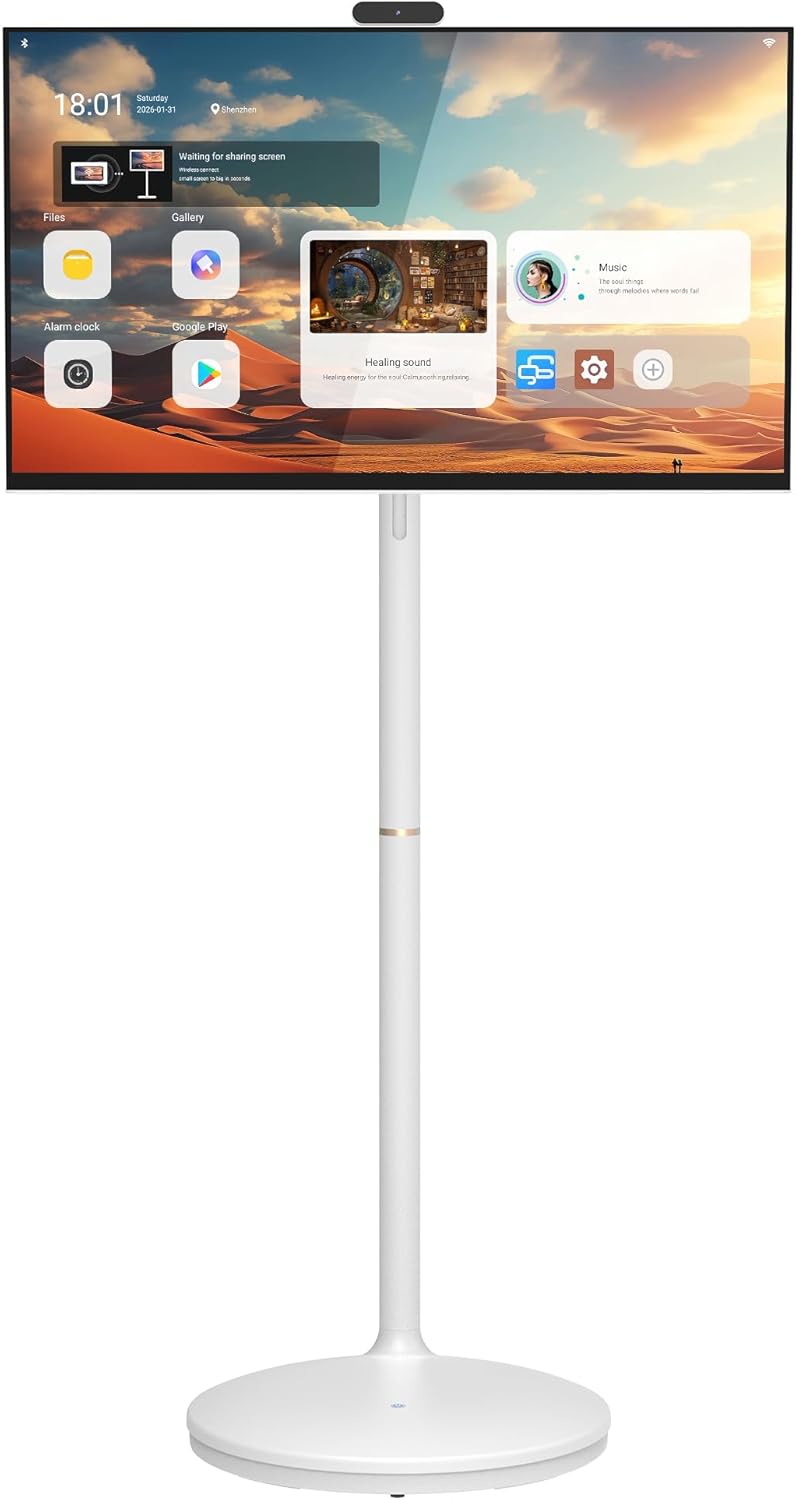 32 2K Smart Portable TV  Rolling Android Tablet on Wheels  Touchscreen Monitor  Rechargeable Battery  Full Swivel Rotation  20W Audio Snap-on Camera