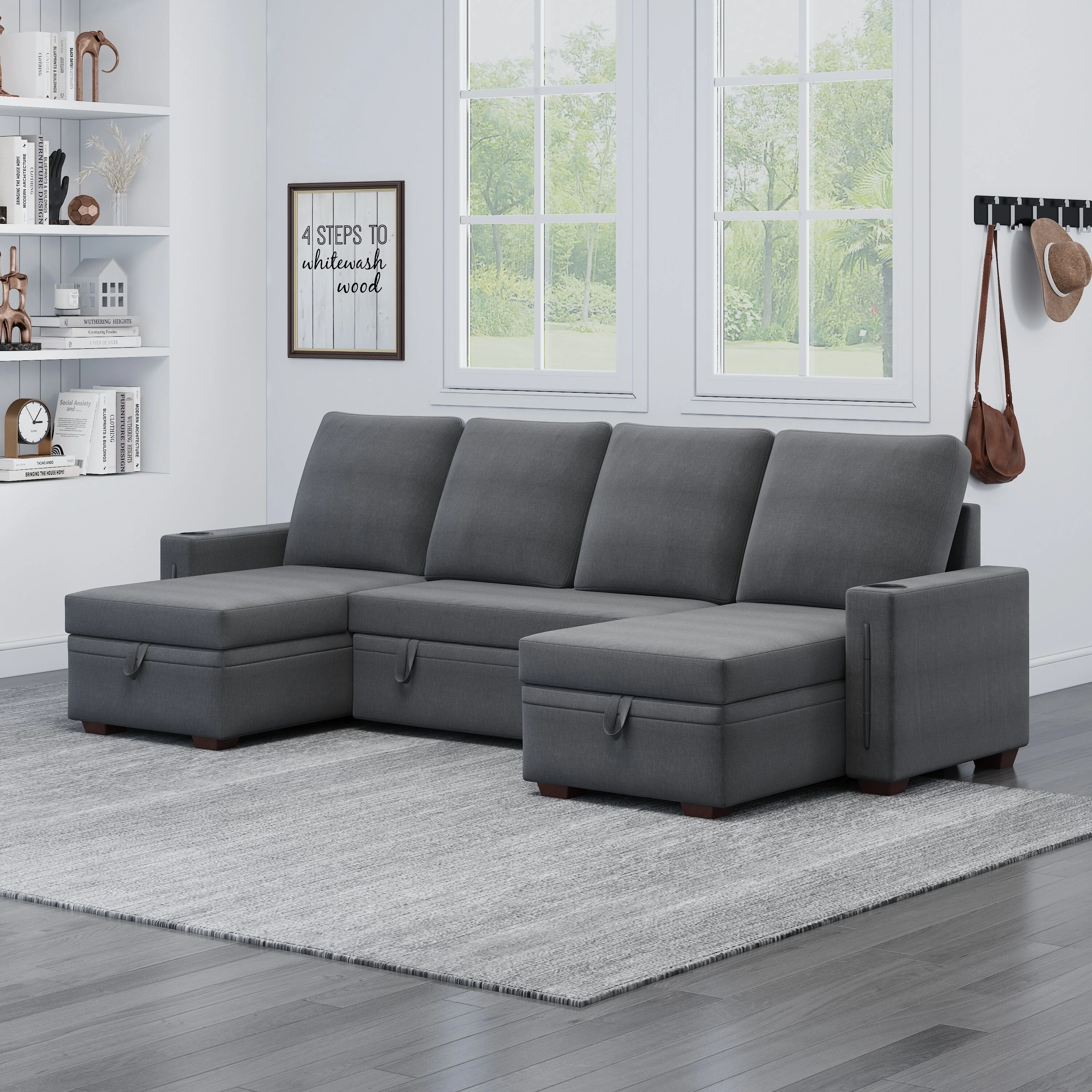 96.46'' U-Shaped 4-Seater Sectional Sofa with Storage Chaise, Pull-Out Sleeper, Cup Holders, and High-Density Foam Comfort
