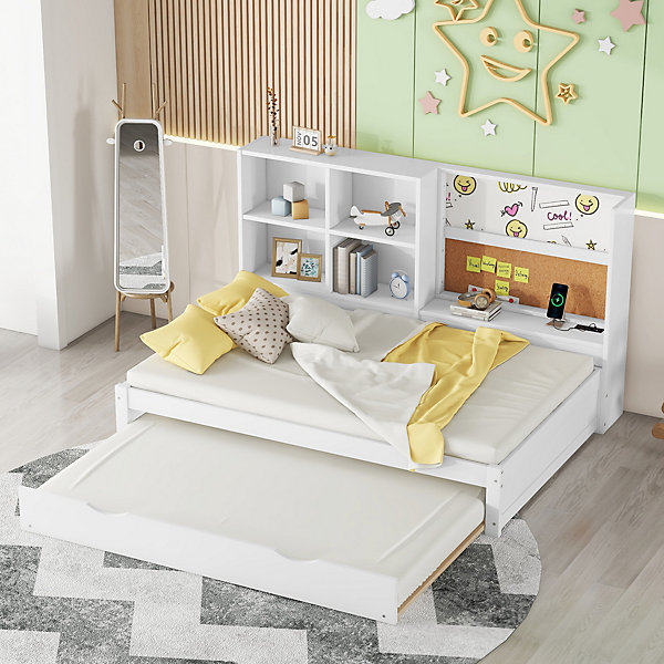 Canapé-lit 90x200 cm convertible avec tiroir gigogne, USB, tableau effaçable et rangements, blanc