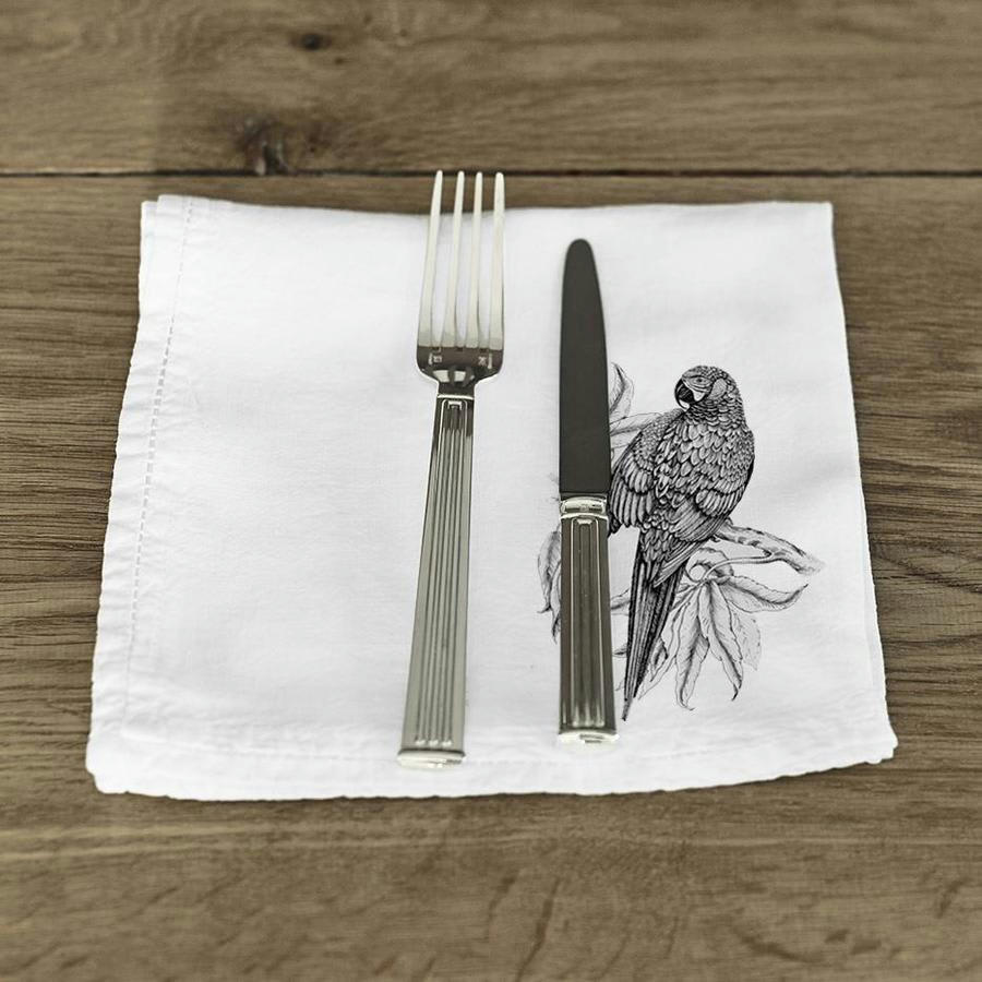 PETROPOLIS 1951 - Serviette de table  Lin pur lavé Perroquet Blanc Noir 45x45