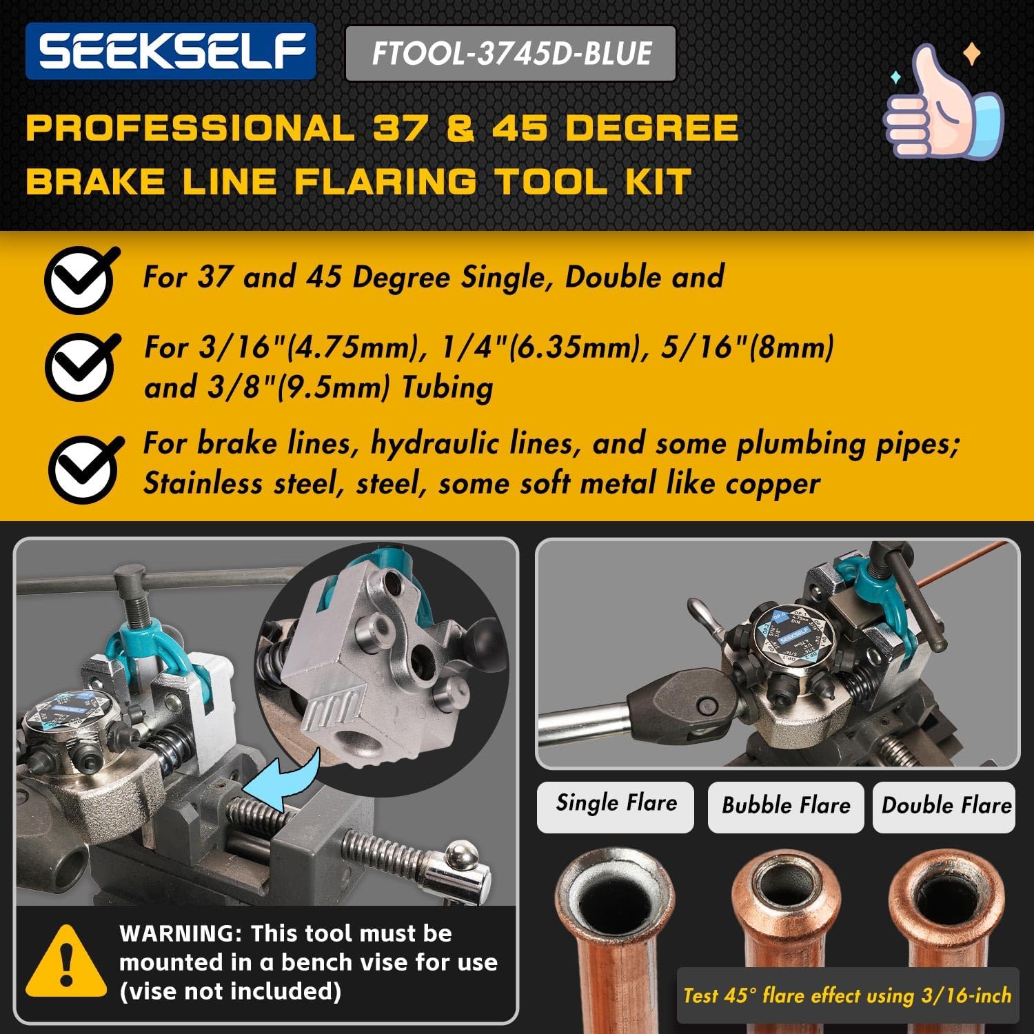 Professional Brake Line Flaring Tool Kit for 45 & 37 Degree Single, Double and Bubble Flares, 3/16, 1/4, 5/16, 3/8 and 4.75mm Steel Copper Metal Tubing