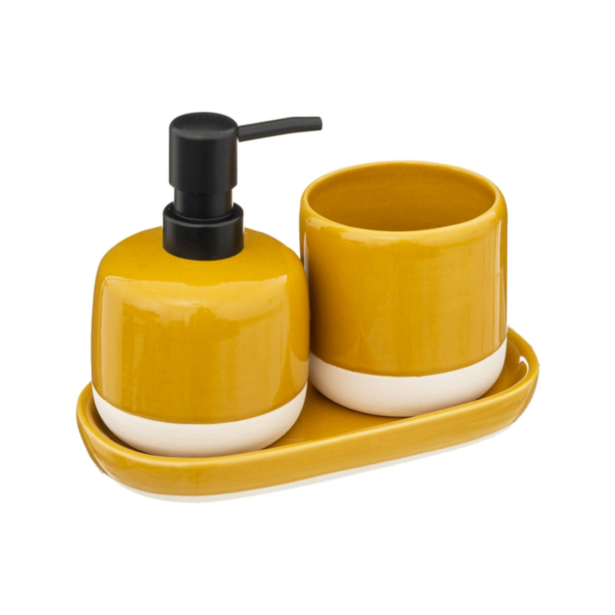 - Set salle de bain céramique jaune, blanc et noir - 3 pièces