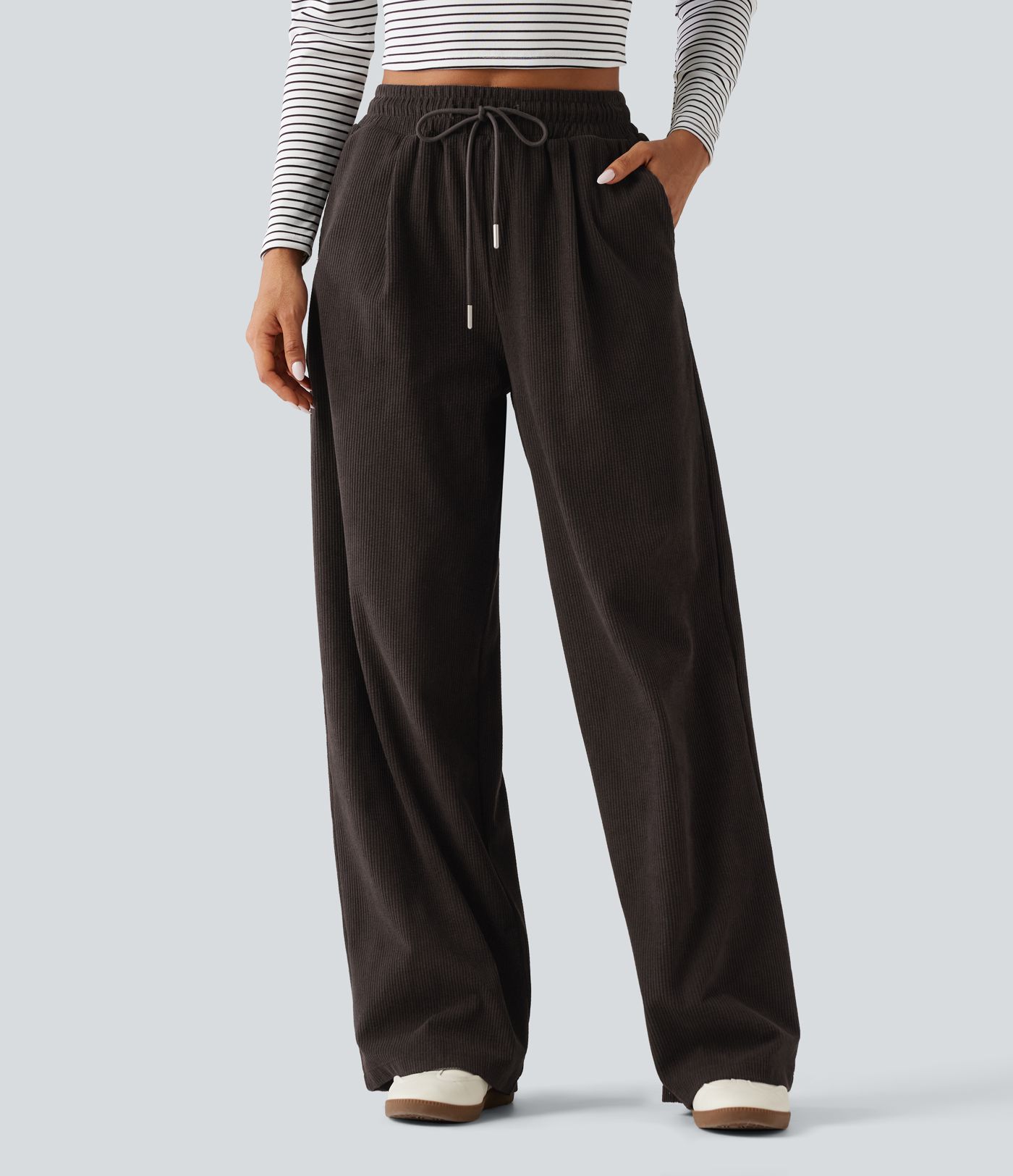Pantalon en velours côtelé taille haute à cordon de serrage, coupe droite avec poches