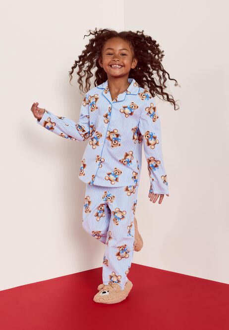 Unisex Kids Blue Stripe Bear Print Family Pyjama Set